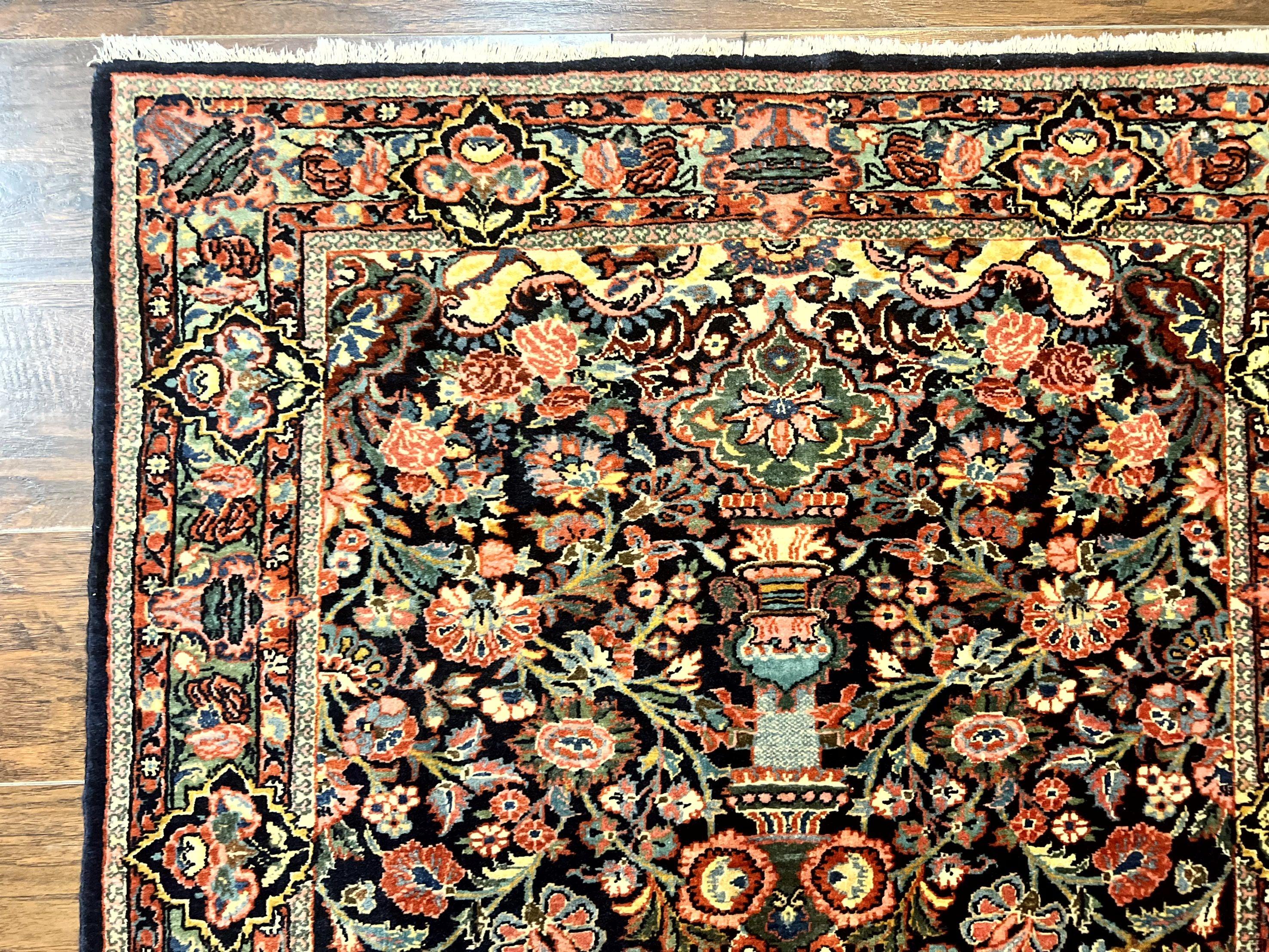 Persian Saoruk Rug 4x5, Navy Blue and Red, Floral, Antique Persian Wool Carpet, Handmade - Jewel Rugs