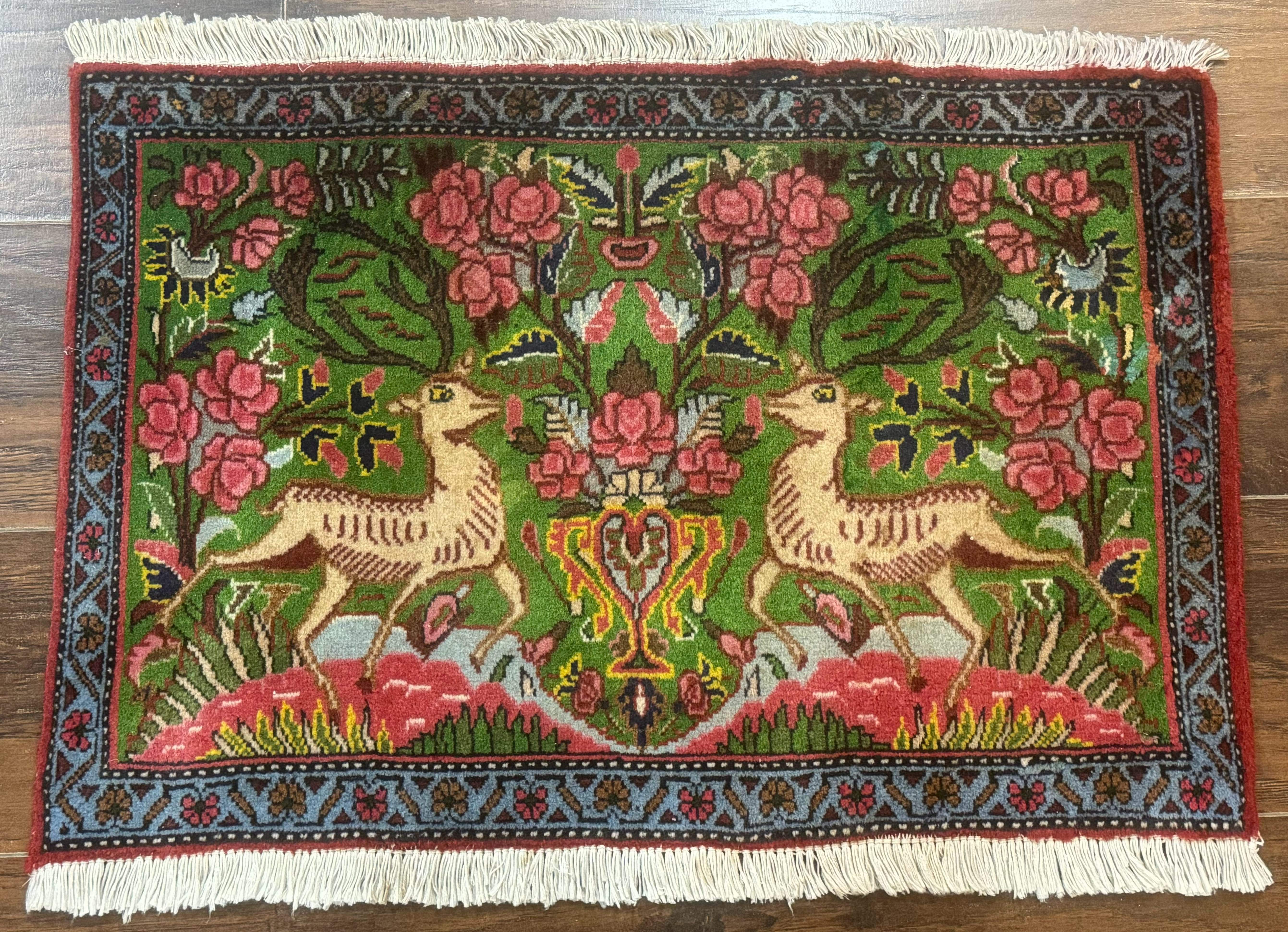 Small Persian Sarouk Rug, Deer Pictorials, Green, Hand Knotted, Fine - Jewel Rugs