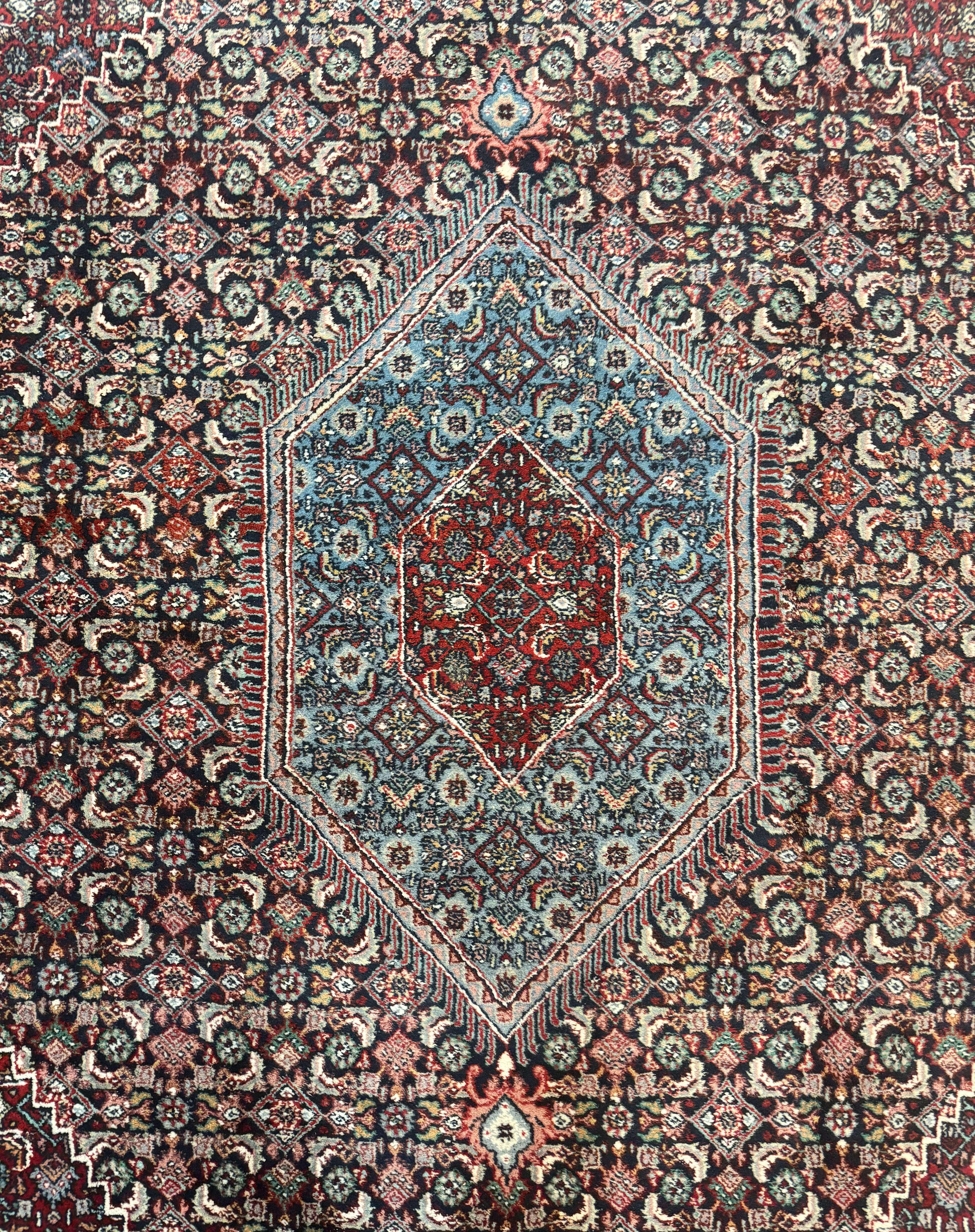 Indo Persian Bidjar Rug 8x11, Herati Mahi Pattern, Red Navy Blue, Handmade Vintage Wool Carpet - Jewel Rugs
