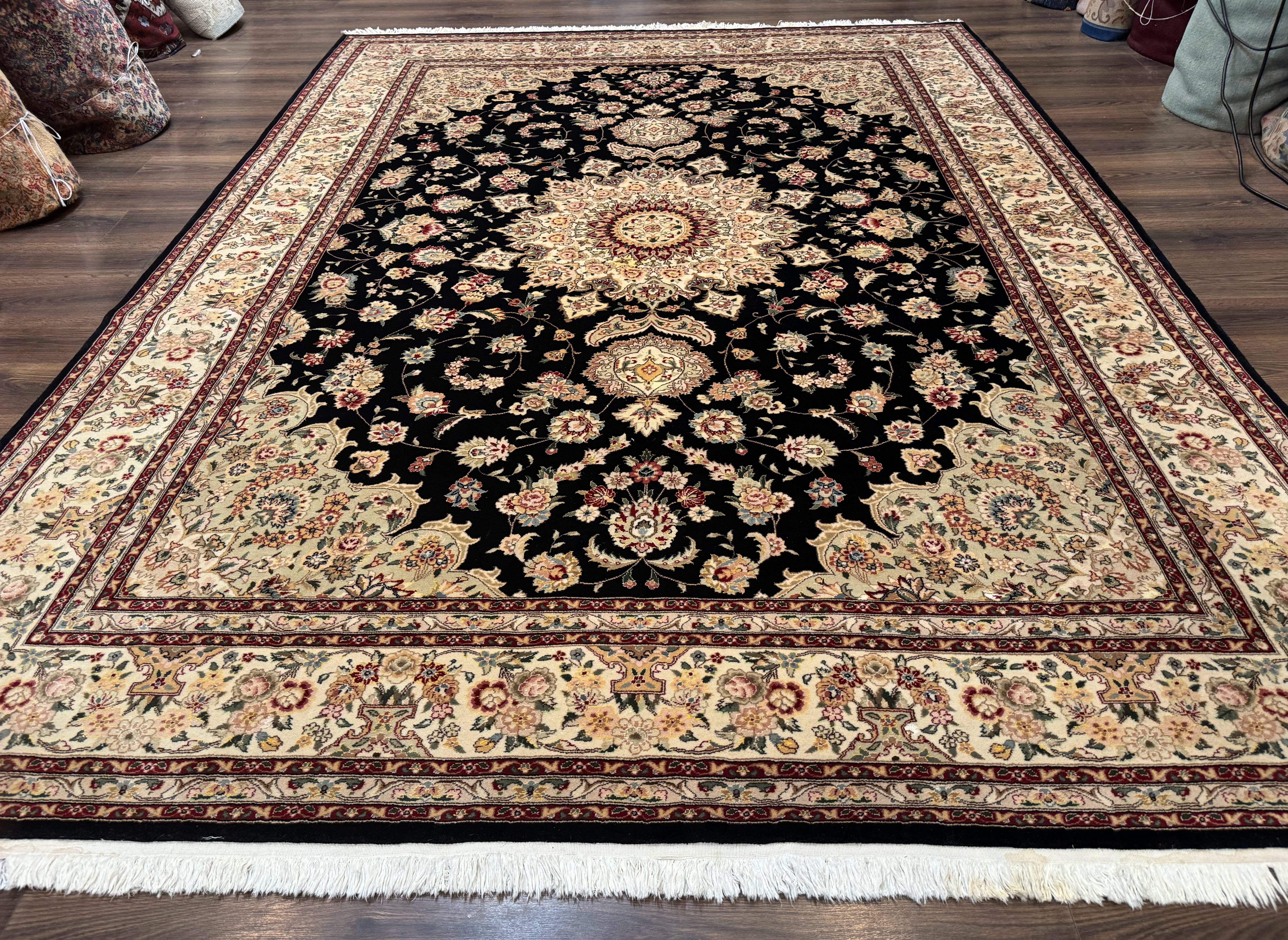Sino Persian Rug 9x12, Black and Beige, Floral Medallion, Wool & Silk, Handmade - Jewel Rugs