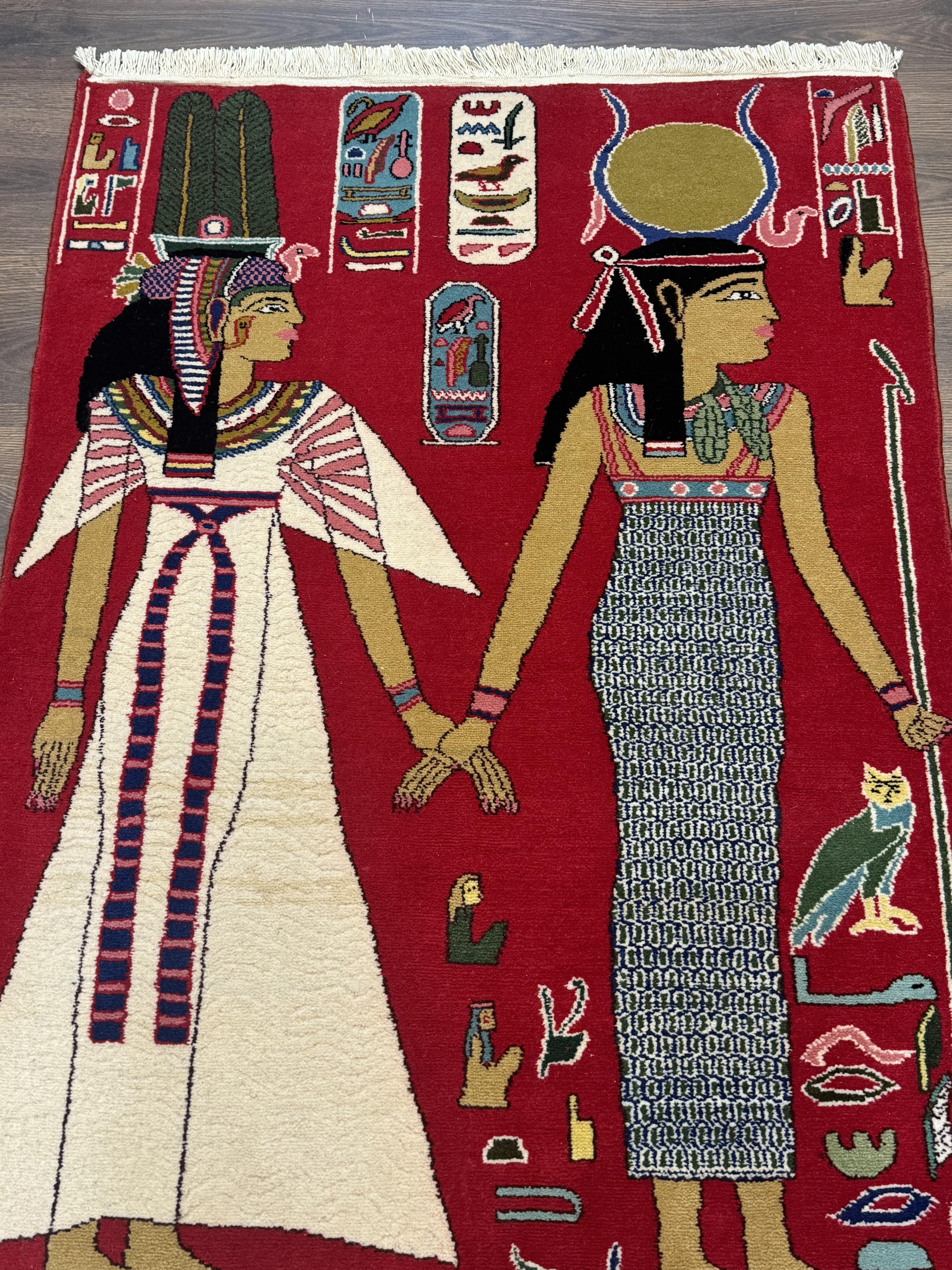 Egyptian Pictorial Rug 3x4, Hieroglyphic Pictorial Rug, Egyptian Prince and Princess, Cleopatra, Vintage Handmade, Red - Jewel Rugs