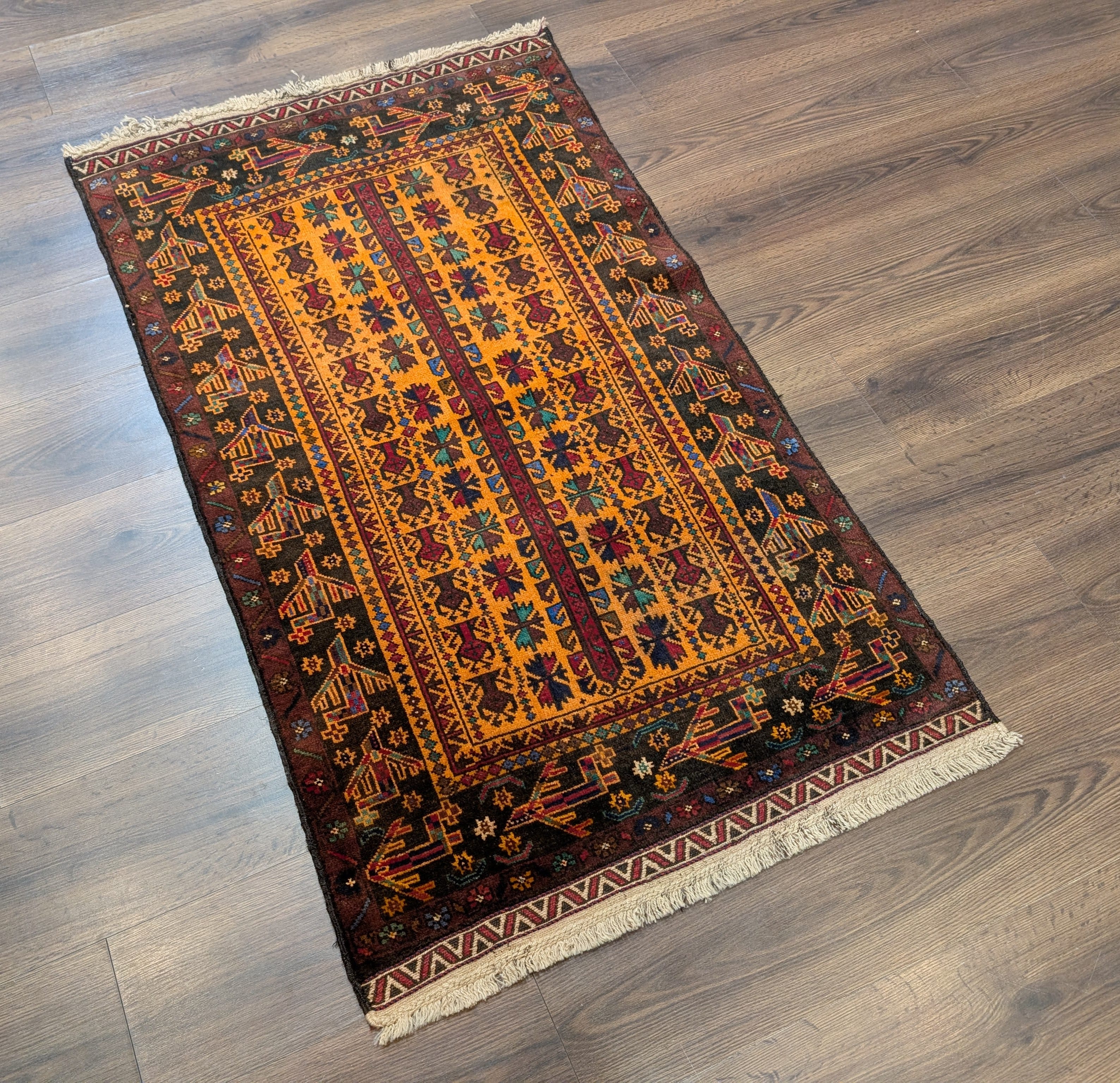 Afghan Baluch Rug 3x5, Tribal Carpet, Orange, Unique - Jewel Rugs