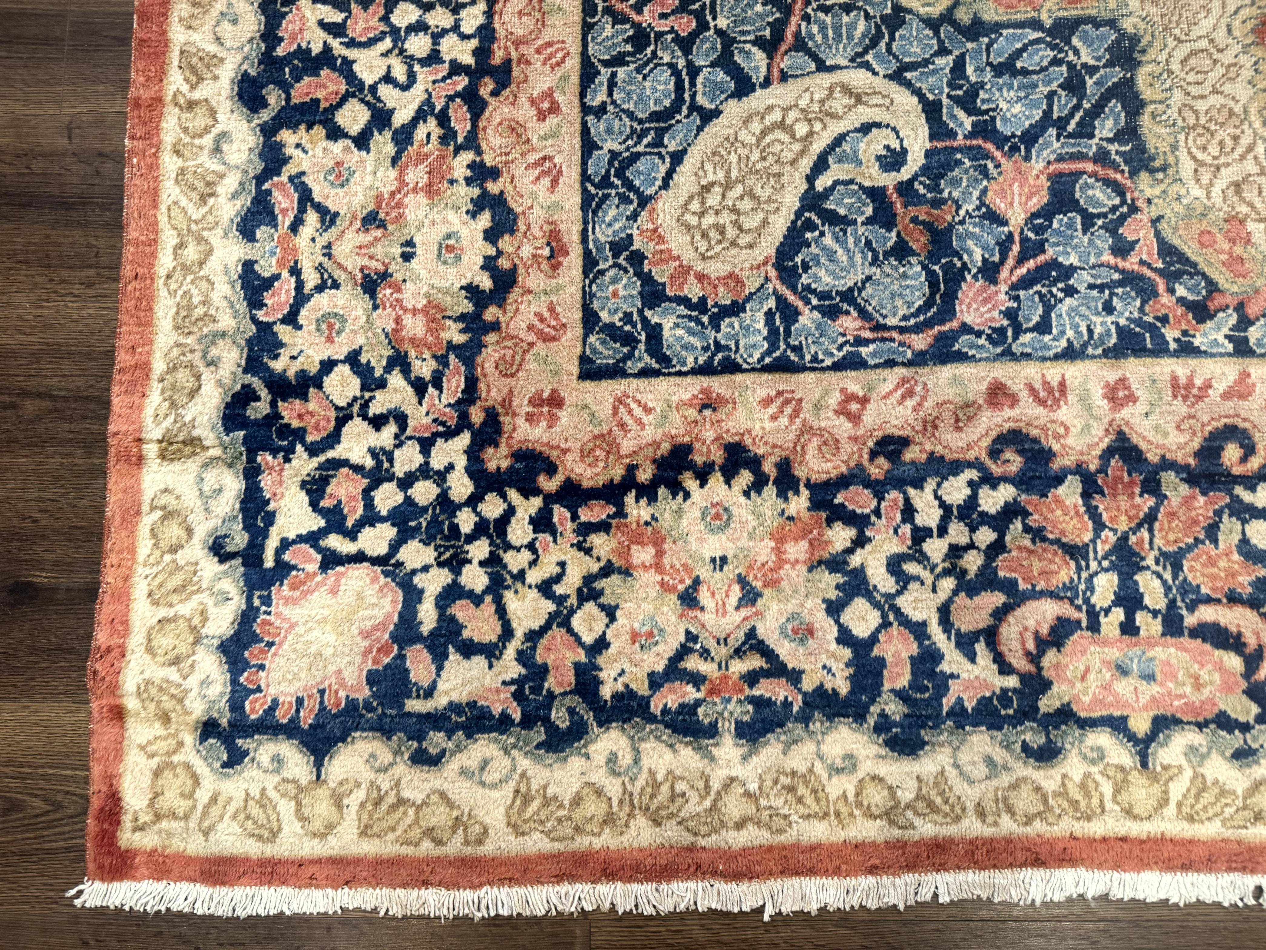 Antique Persian Sarouk Rug 9x12, Boteh Paisleys, Light Red Navy Blue - Jewel Rugs