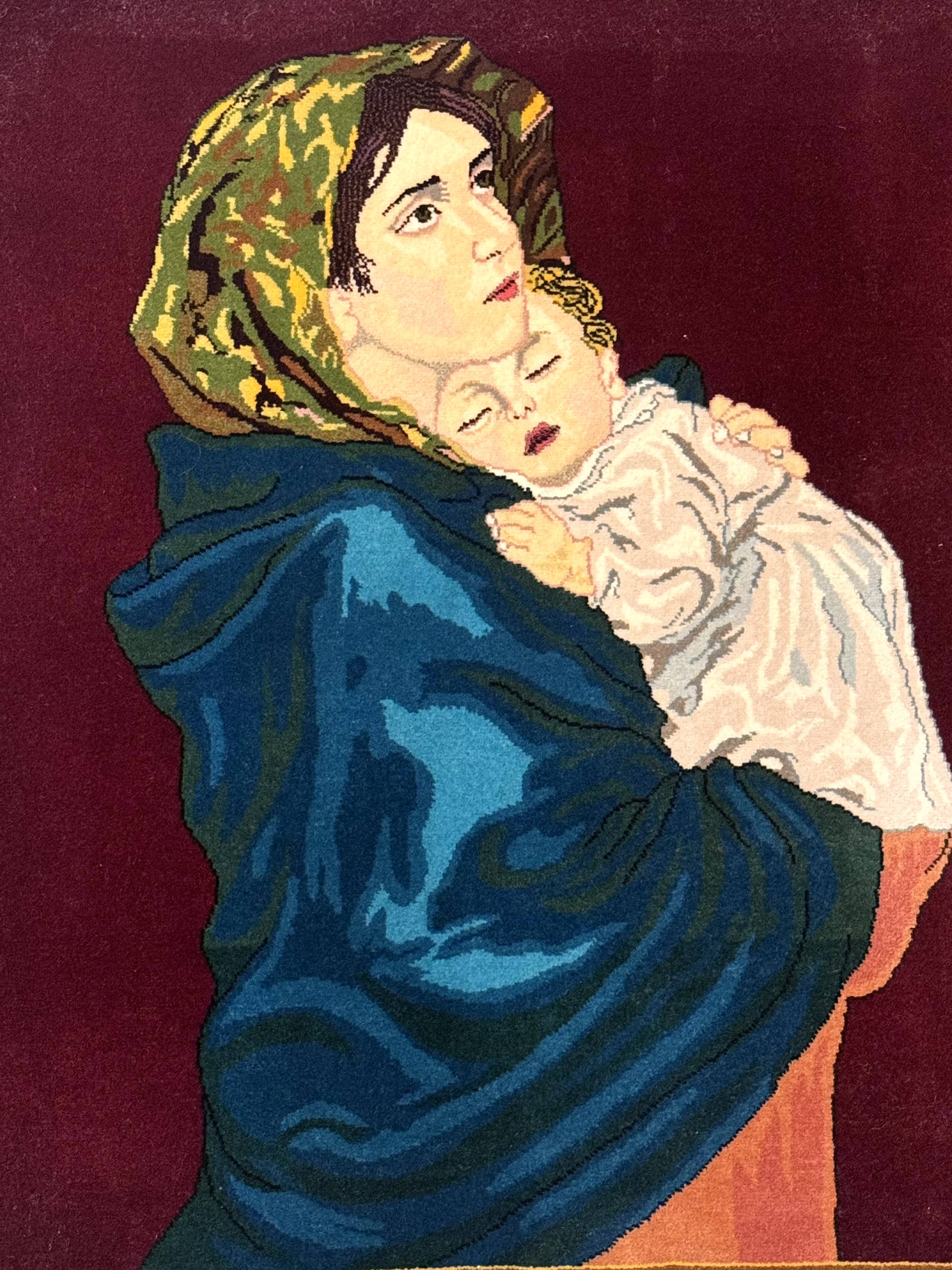 Small Persian Tabriz Pictorial Rug 2x2, Mother Holding Child, Very Fine 340 KPSI, Maroon - Jewel Rugs