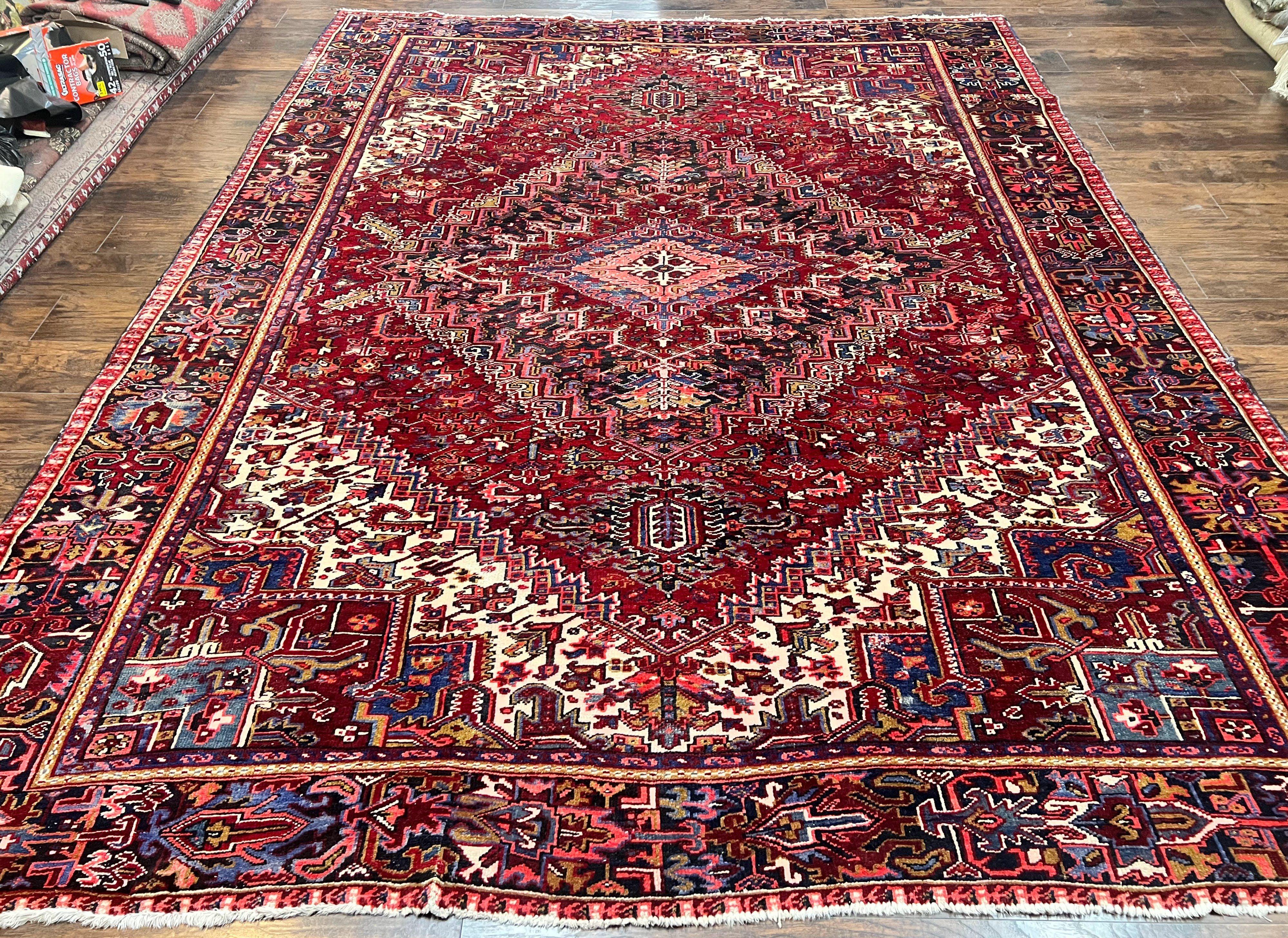 Persian Heriz Rug 9x11 ft, Geometric Rug 9 x 11, Red Room Sized Semi Antique Vintage Wool Hand Knotted Oriental Carpet - Jewel Rugs