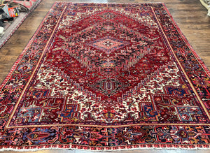 Persian Heriz Rug 9x11 ft, Geometric Rug 9 x 11, Red Room Sized Semi Antique Vintage Wool Hand Knotted Oriental Carpet