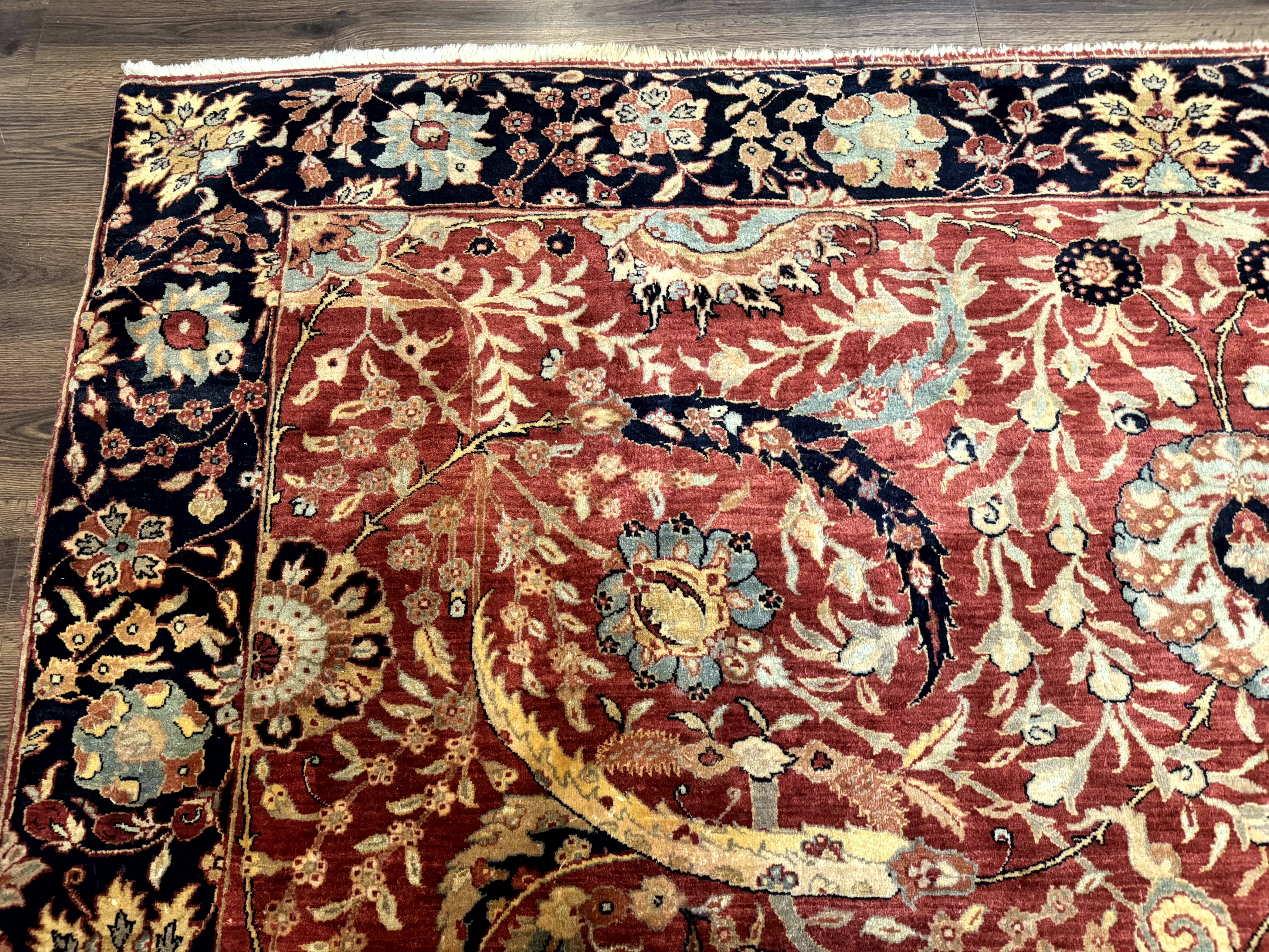 Indian Agra Rug 9x11, Terracotta and Navy Blue, Sickle Leaf Rug - Jewel Rugs