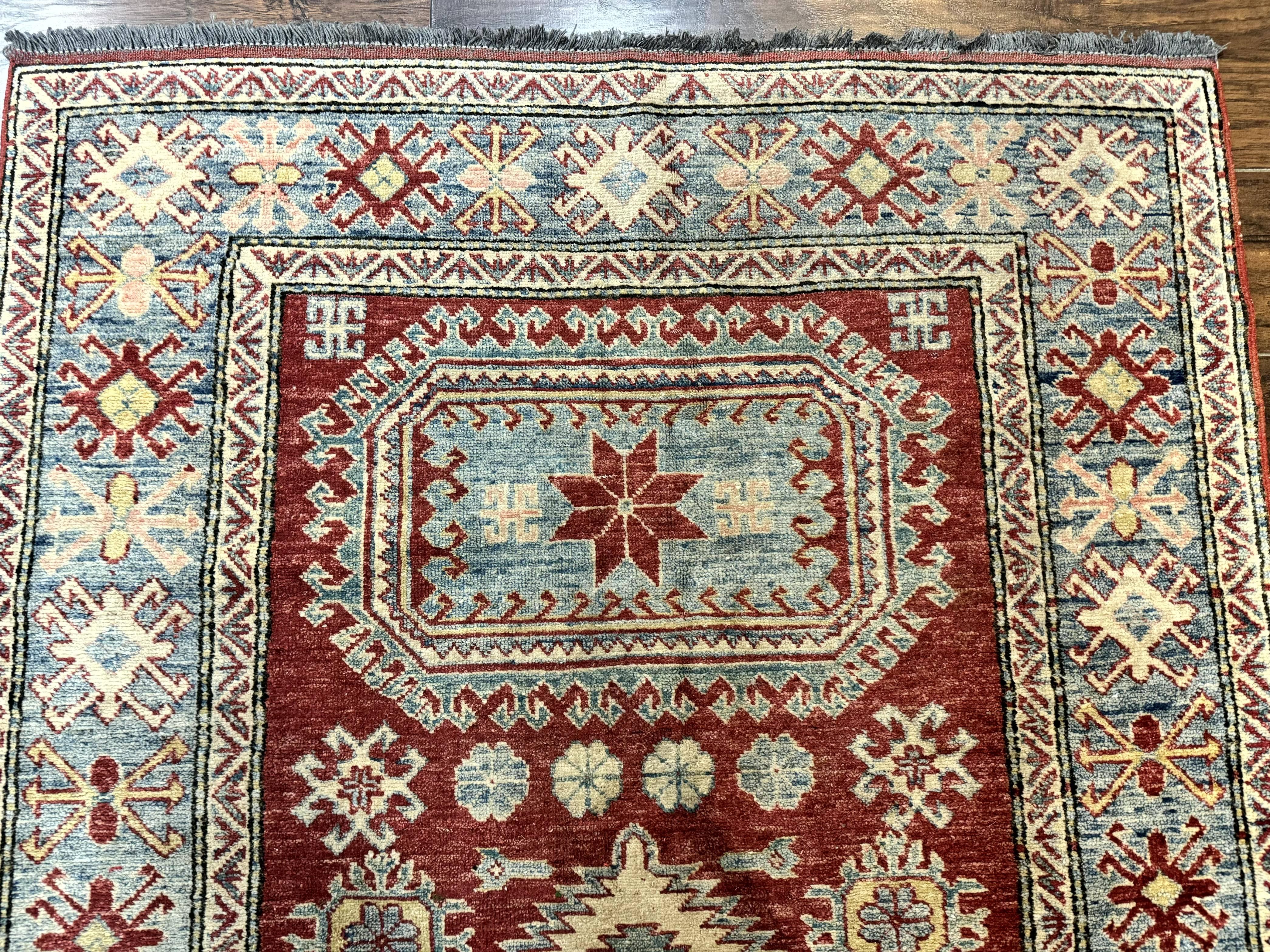 Turkish Kazak Rug 4x6, Handmade Vintage Wool Carpet, Geometric Design, Red and Light Blue - Jewel Rugs