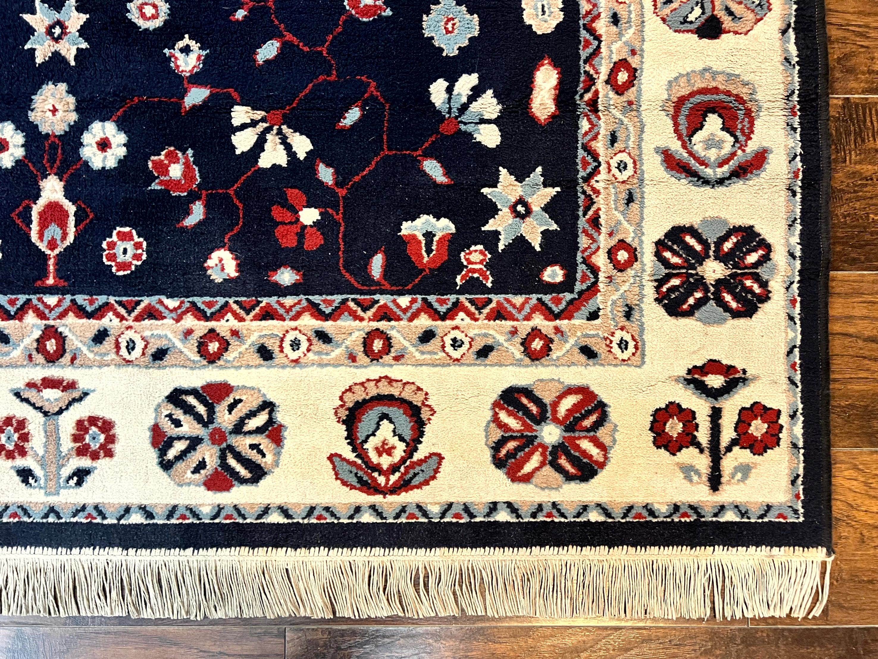 Belgium Power Loomed Rug 5.6 x 7, Navy Blue and Ivory, Heriz Pattern, Vintage Oriental Carpet - Jewel Rugs