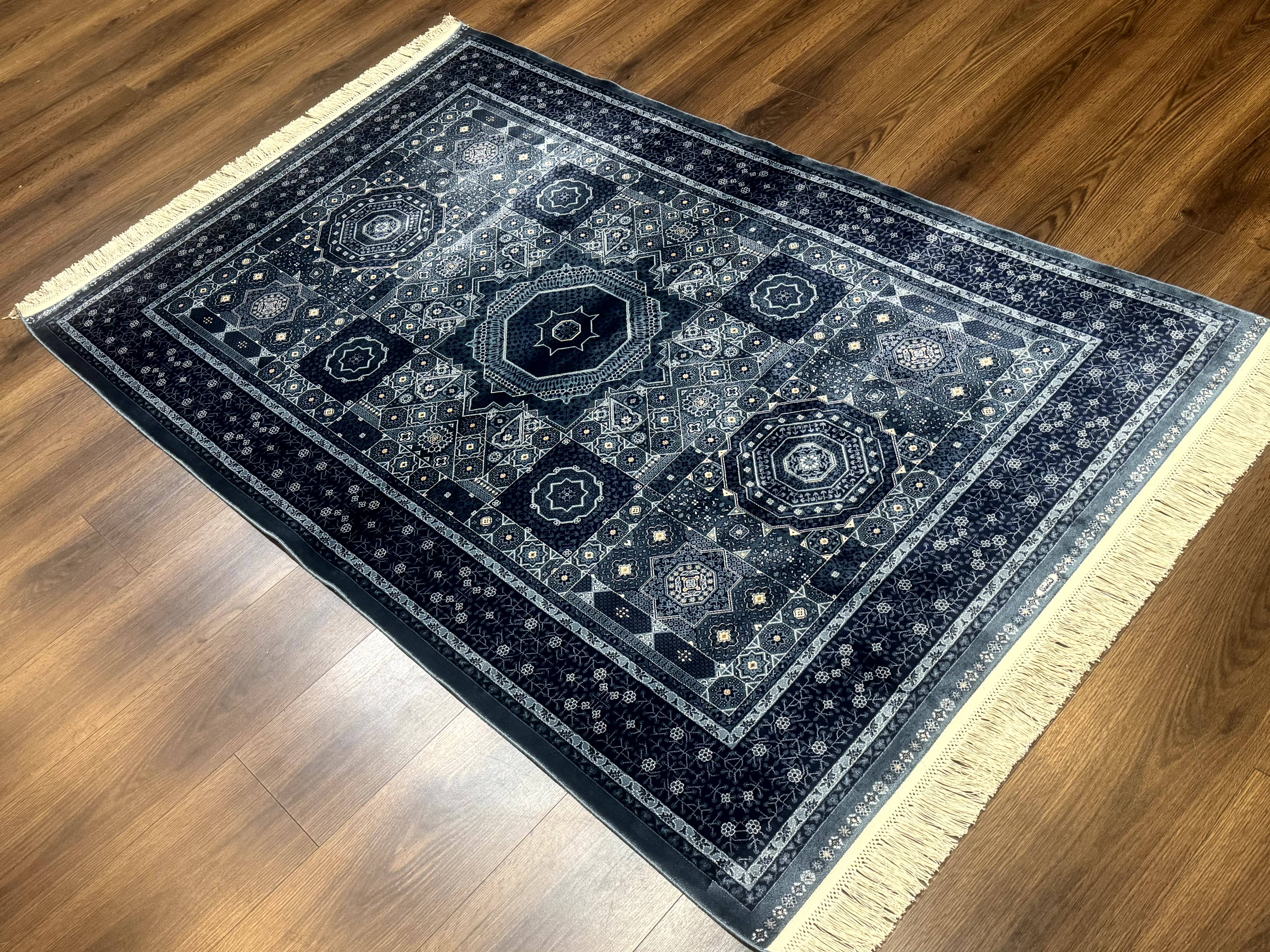 Turkish Silk Rug 4x6 Blue Mamluk Silk Carpet Bamboo Silk Jewel Rugs