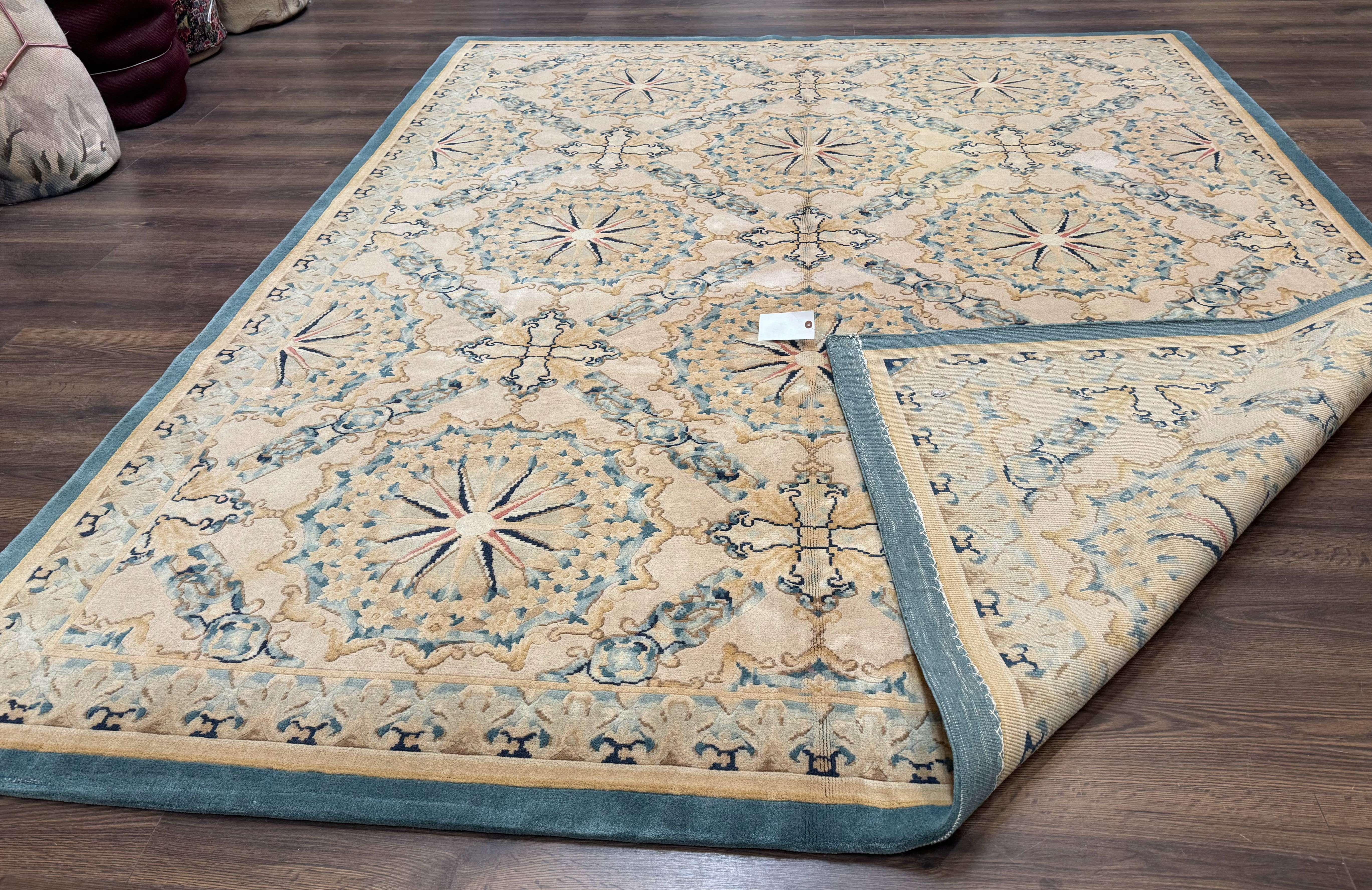 Aubusson Rug 8x10, French European Design, Soft Thick Wool Pile, Off White and Light Blue, Carving Sculpted Rug - Jewel Rugs