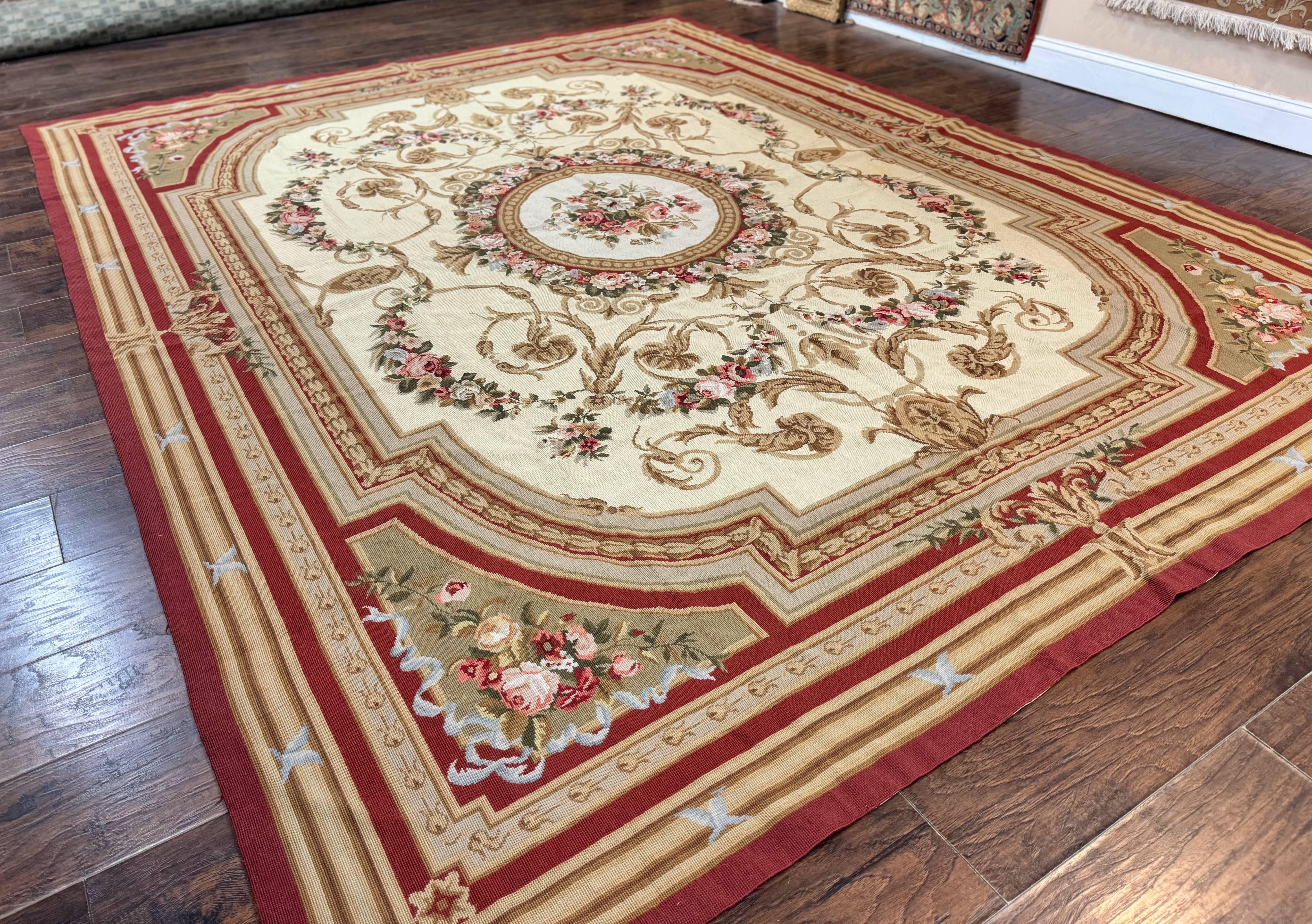 Aubusson Needlepoint Rug 9x11, Handmade Vintage Wool Flatweave Carpet, Elegant European Rug, Floral, Cream - Jewel Rugs