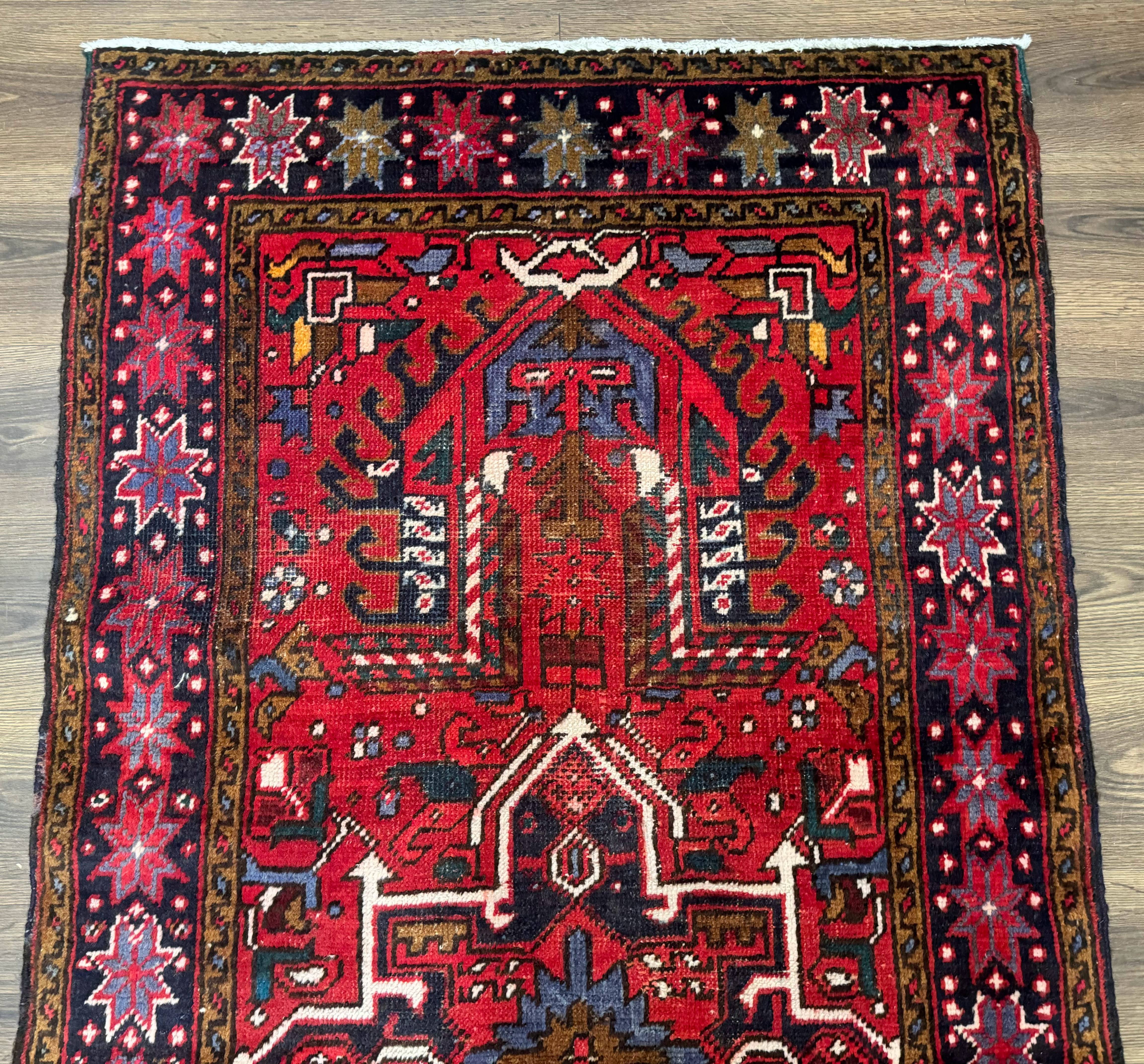 Persian Heriz Karajeh Runner Rug 3.7 x 12, Geometric Medallions, Red and Navy Blue - Jewel Rugs