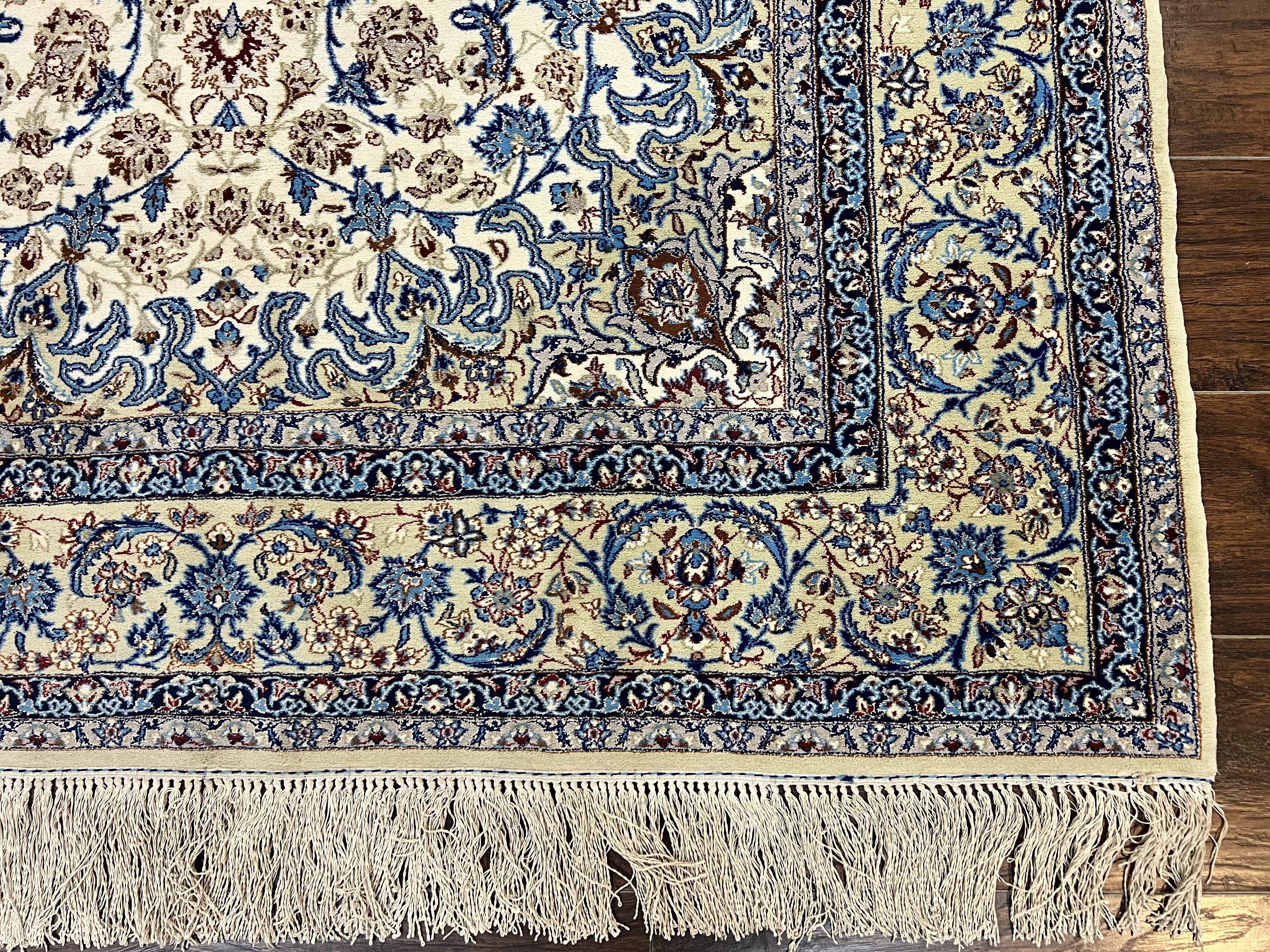 Persian Isfahan Rug 5x8, Kork Wool on Silk Foundation, 440 KPSI, Handmade Vintage Carpet, Floral Medallion Oriental Rug, Ivory & Blue, Very Fine - Jewel Rugs