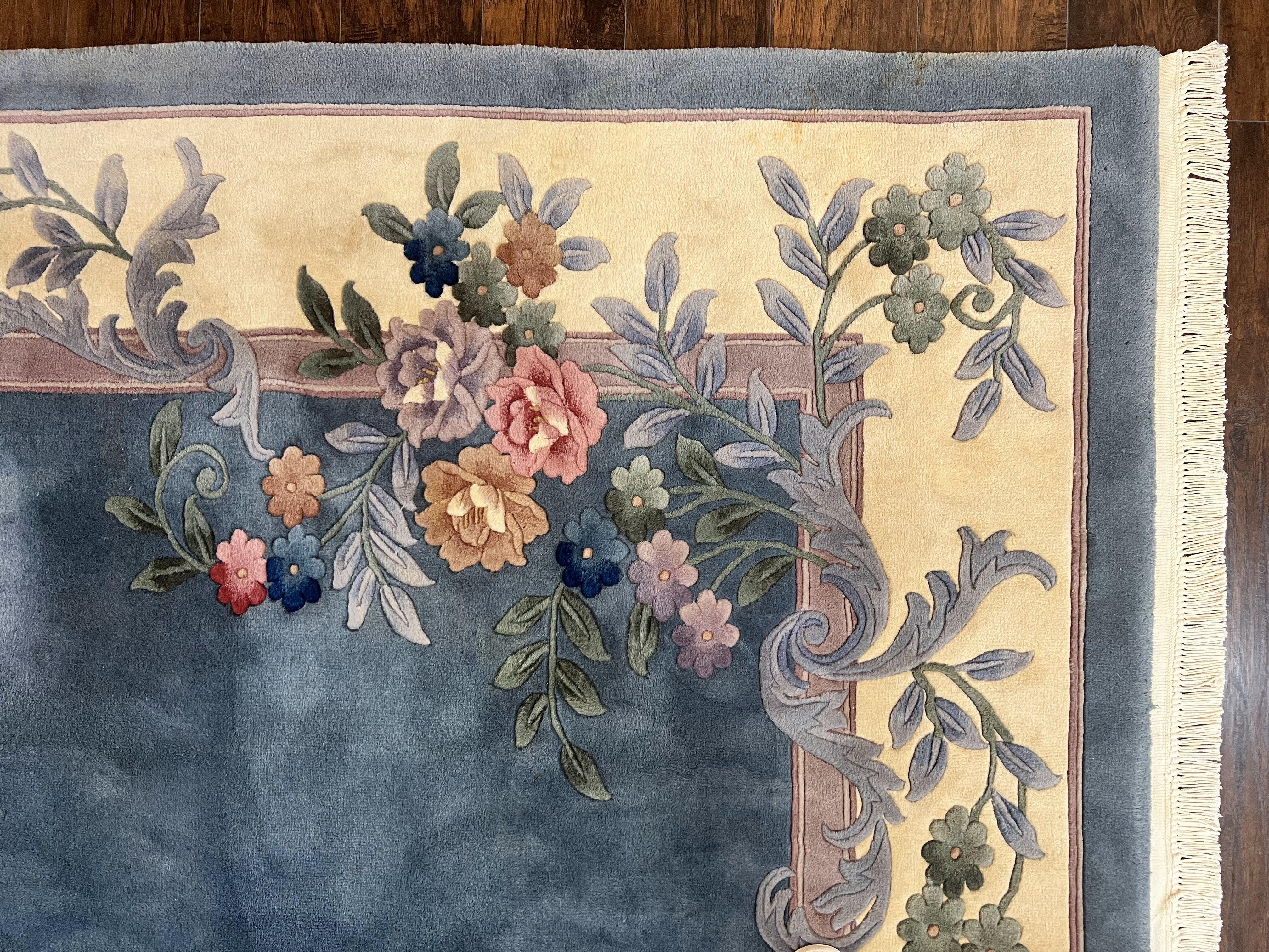 Chinese Wool Rug 10x13, Art Deco Carpet, Chinese Oriental 90 Line Carving Rug 10 x 13, Steel Blue and Cream, Soft, Handmade Vintage Rug - Jewel Rugs