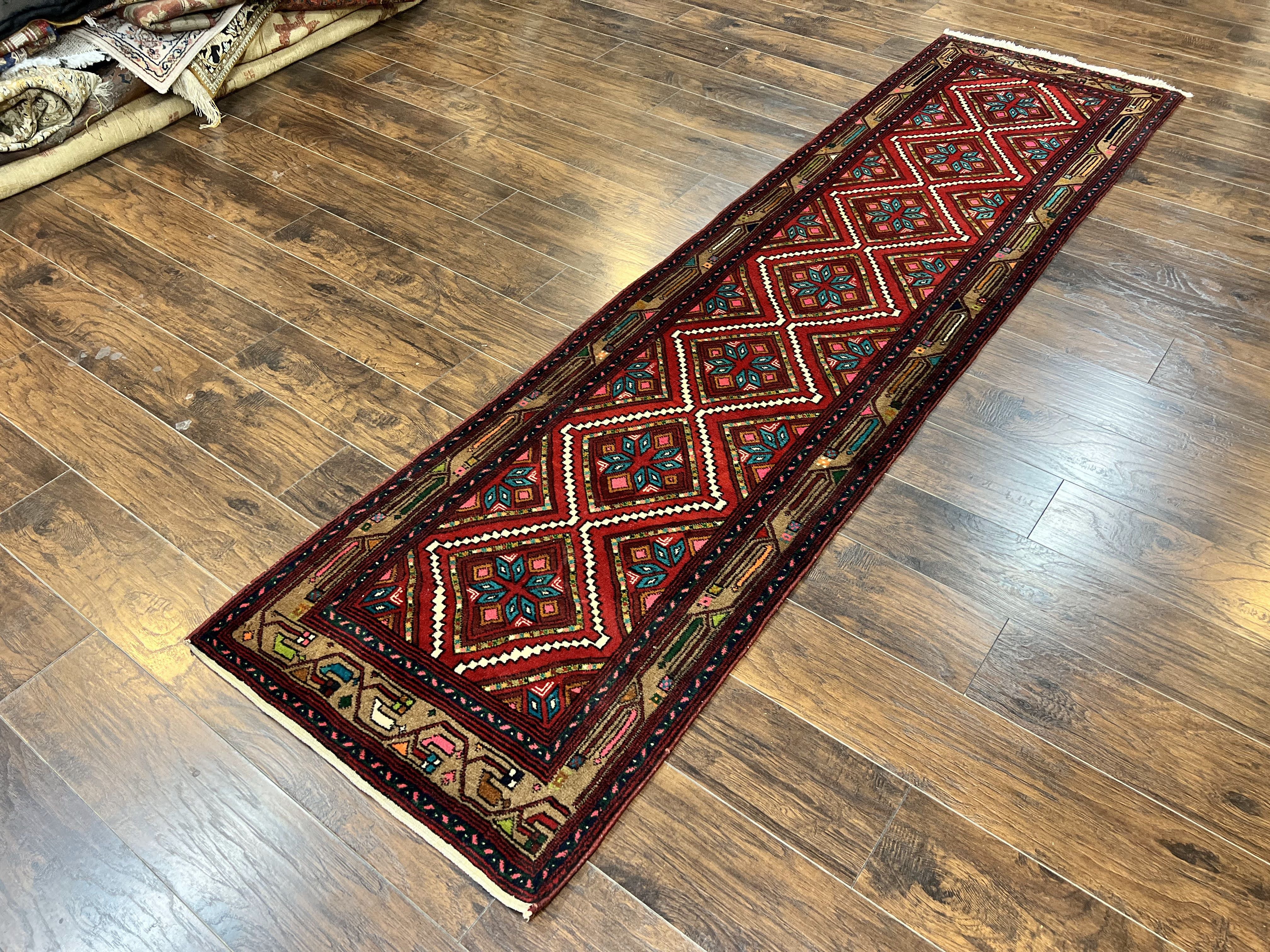 Persian Tribal Runner Rug 3x10, Red Camel Hair Navy Blue, Handmade Hand Knotted 10ft Wool Oriental Vintage Runner for Kitchen or Hallway, Persian Lilihan Hamadan Runner - Jewel Rugs