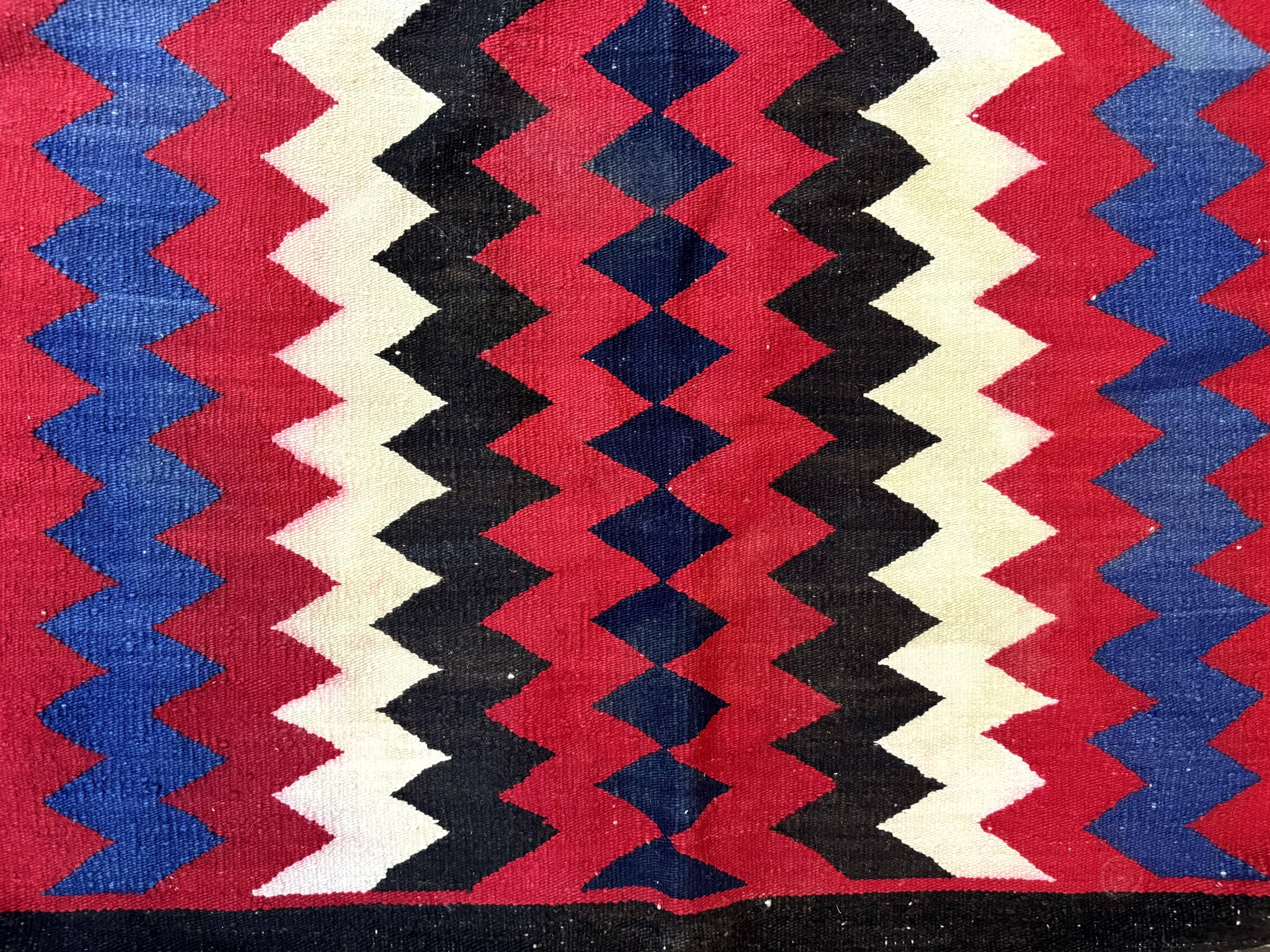 Antique Navajo Rug 3.7 x 2.8, Red Ivory Blue, Zig Zag Pattern, Handmade, Wool - Jewel Rugs