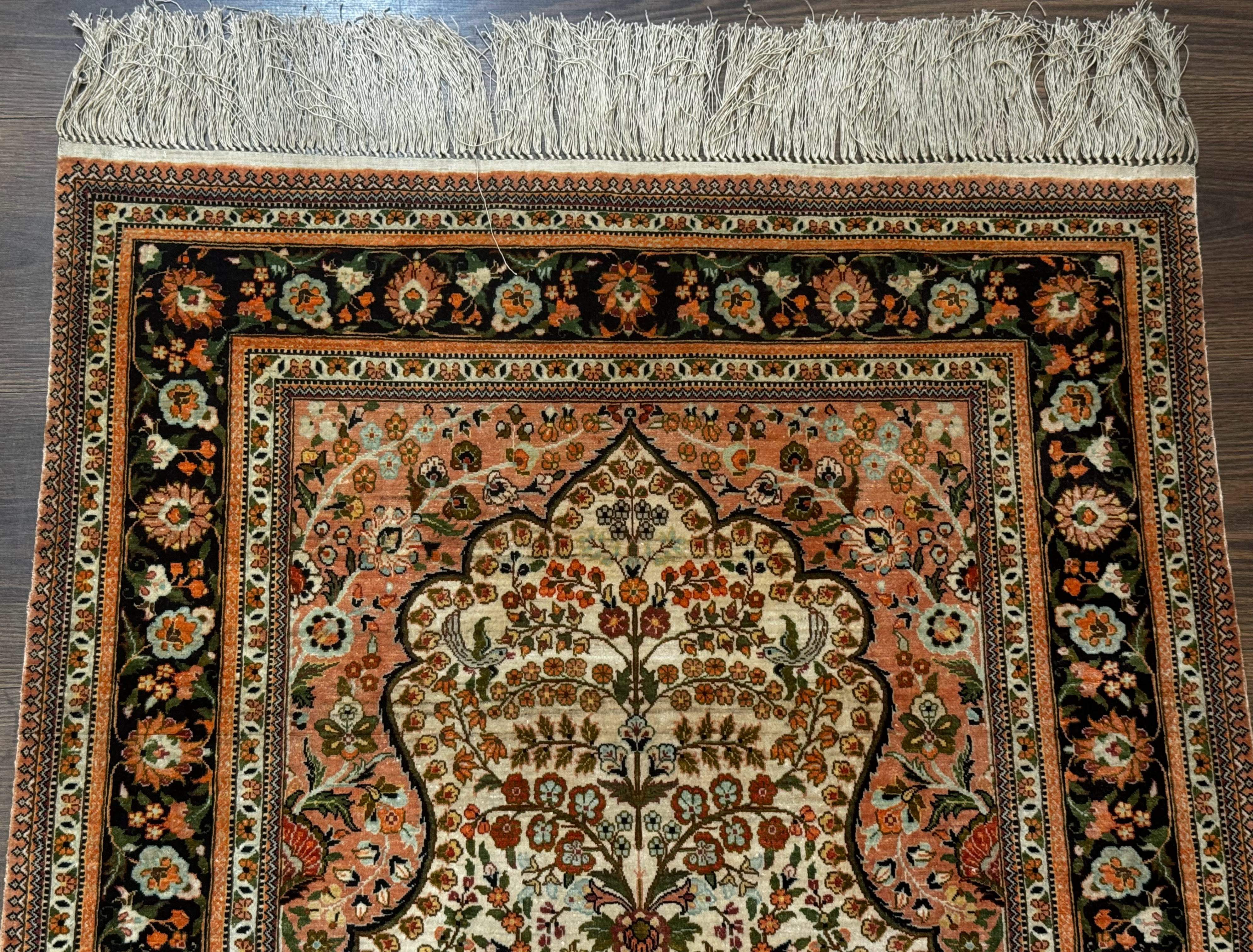 Exceptional Silk Rug 2.6 x 4, Very Fine 630 KPSI, Persian Vase Tree of Life Bird Pictorials, Handmade - Jewel Rugs