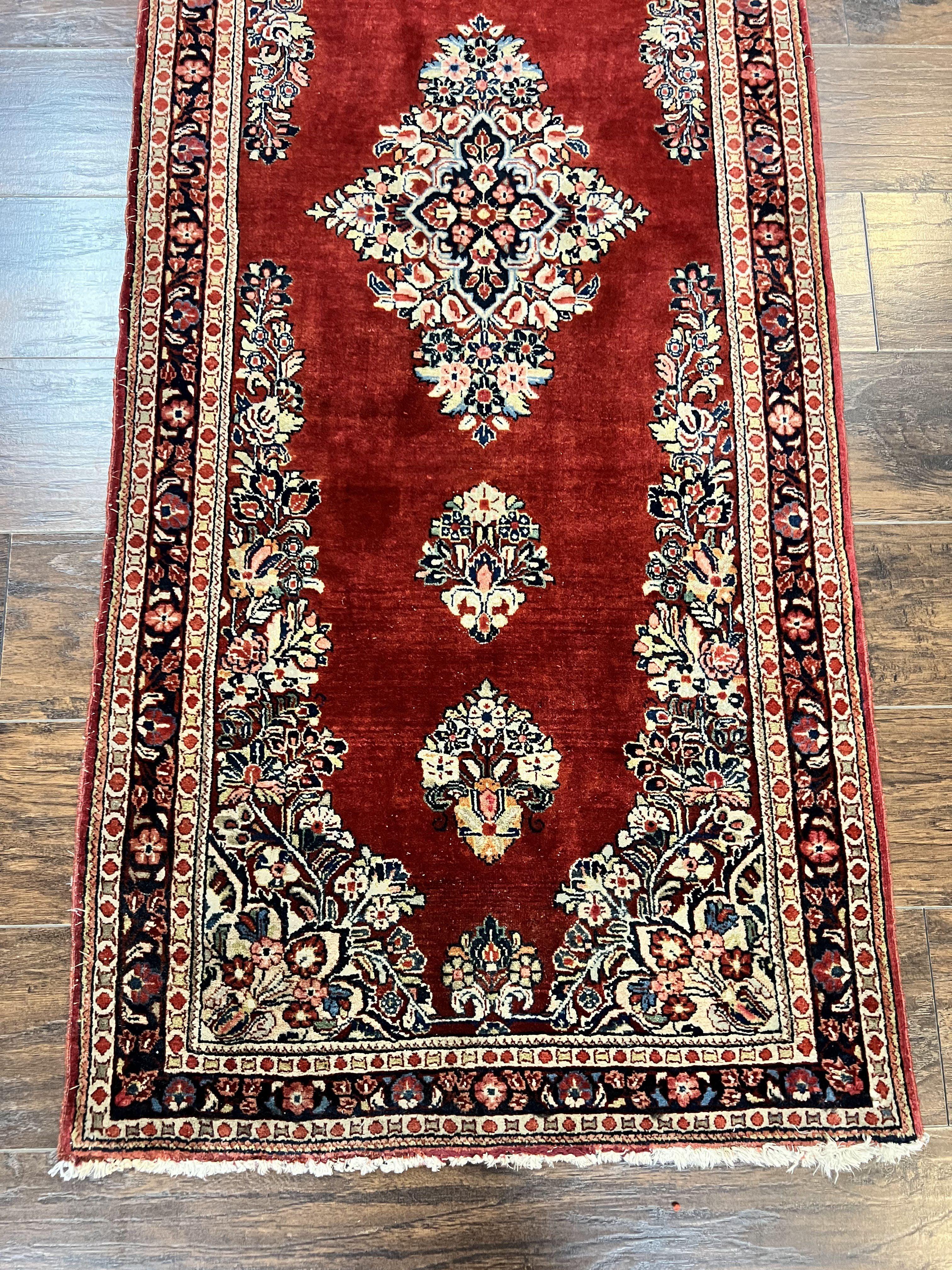 Persian Sarouk Runner Rug 2.7 x 6, Semi Open Field, Red, Handmade Hand Knotted, Wool Oriental Carpet, Vintage Semi Antique - Jewel Rugs