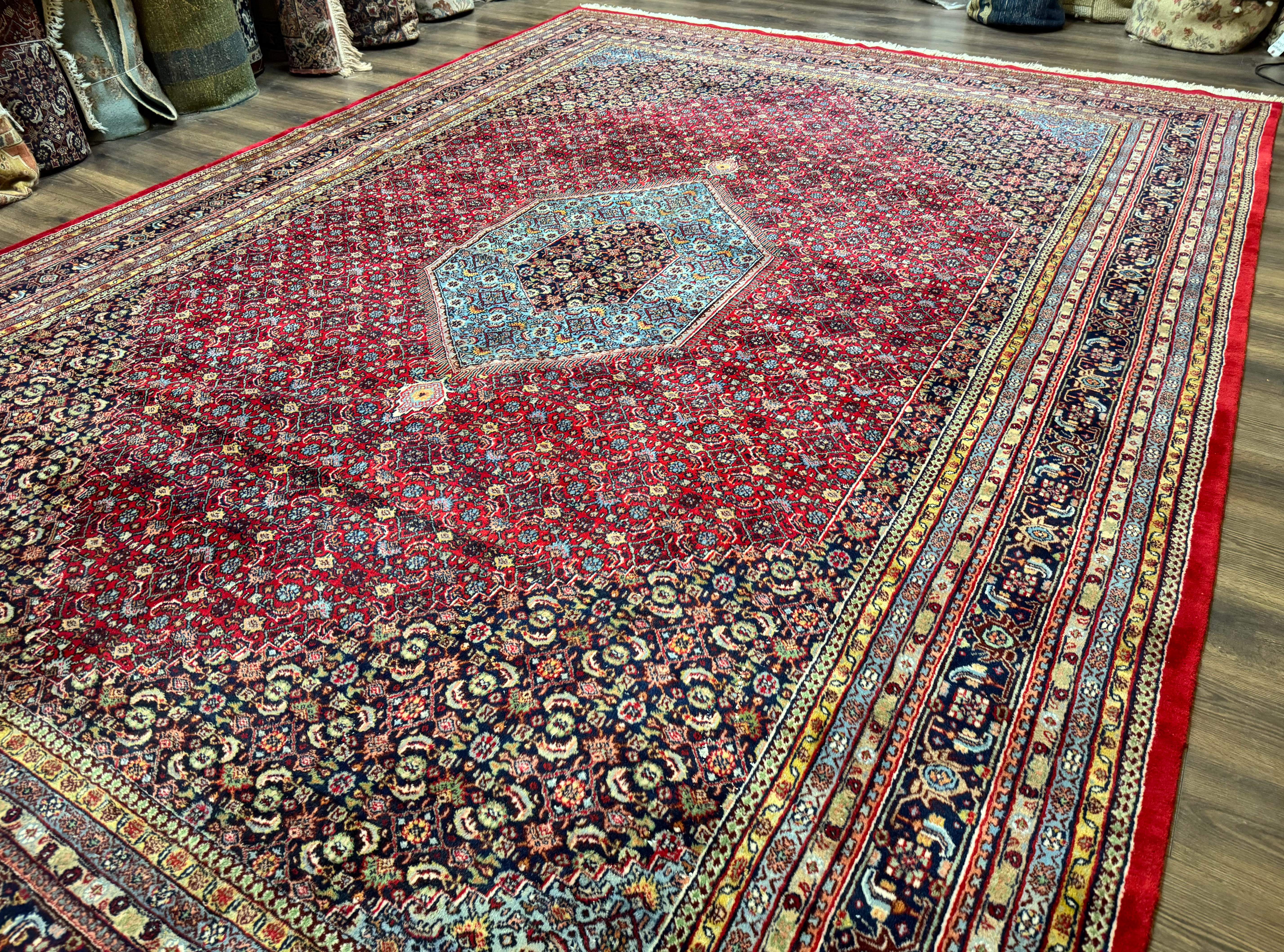 Indo Persian Bidjar Rug 10x14, Red and Dark Blue, Herati Mahi Pattern, Vintage - Jewel Rugs