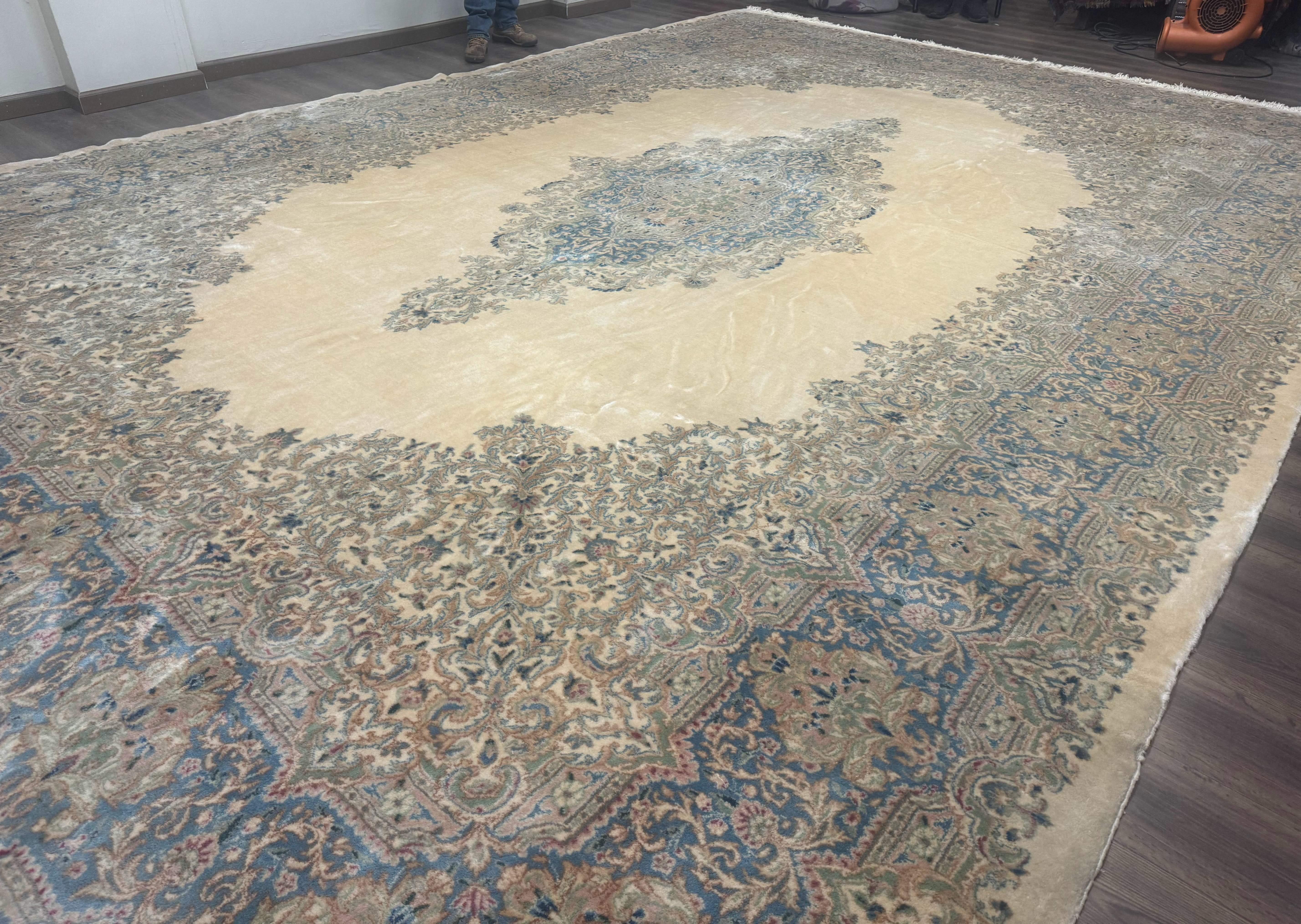 Palace Size Persian Kerman Rug 12x18, Floral Kirman Rug, Ivory Light Blue Pink, Pastel Colors, Vintage Persian Rug, Signed, Fine 240 KPSI - Jewel Rugs