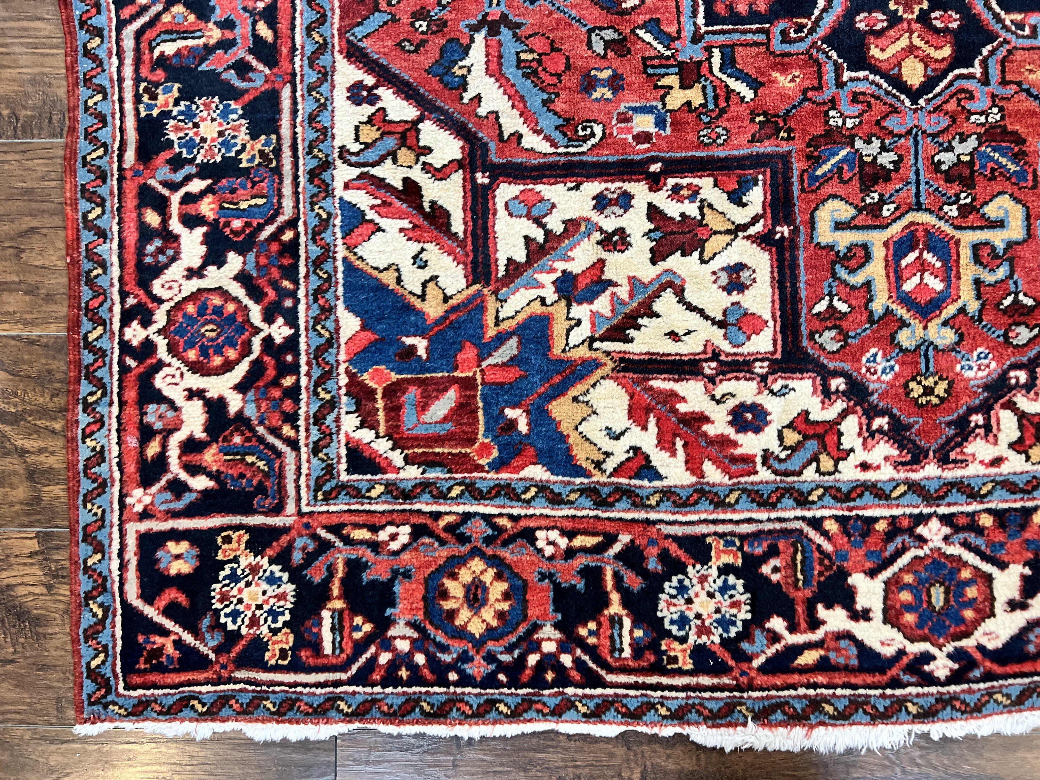 Persian Heriz Square Rug 6x6, Wool Hand Knotted Antique Carpet, Red Ivory & Navy Blue, Geometric Design Oriental Rug 6ft Square Handmade Rug - Jewel Rugs