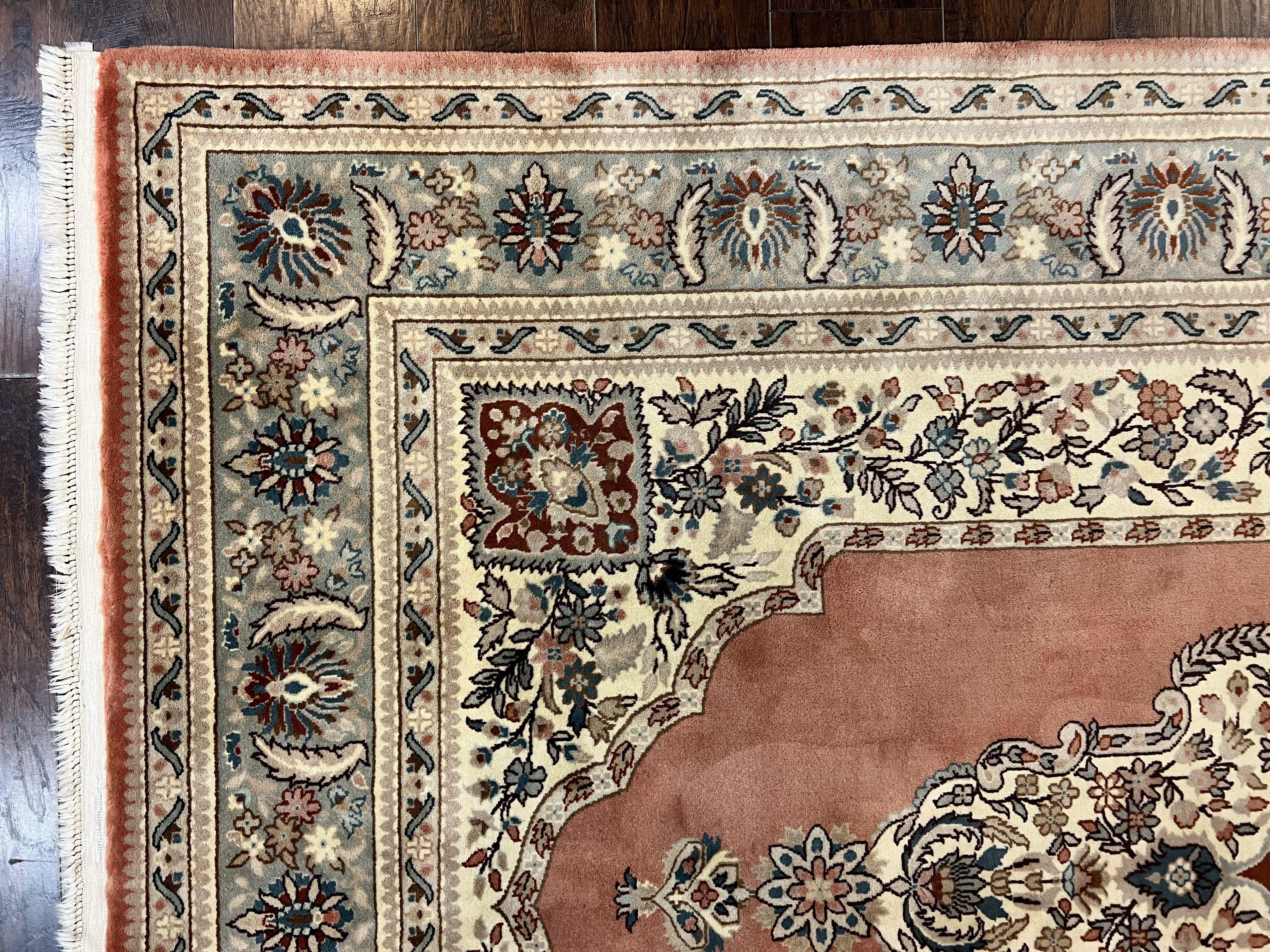 Indo Persian Rug 6x9, Semi Open Field Medallion Rug, Vintage Hand Knotted Wool Oriental Carpet, Traditional Rug, Light Pink, Medium Size - Jewel Rugs