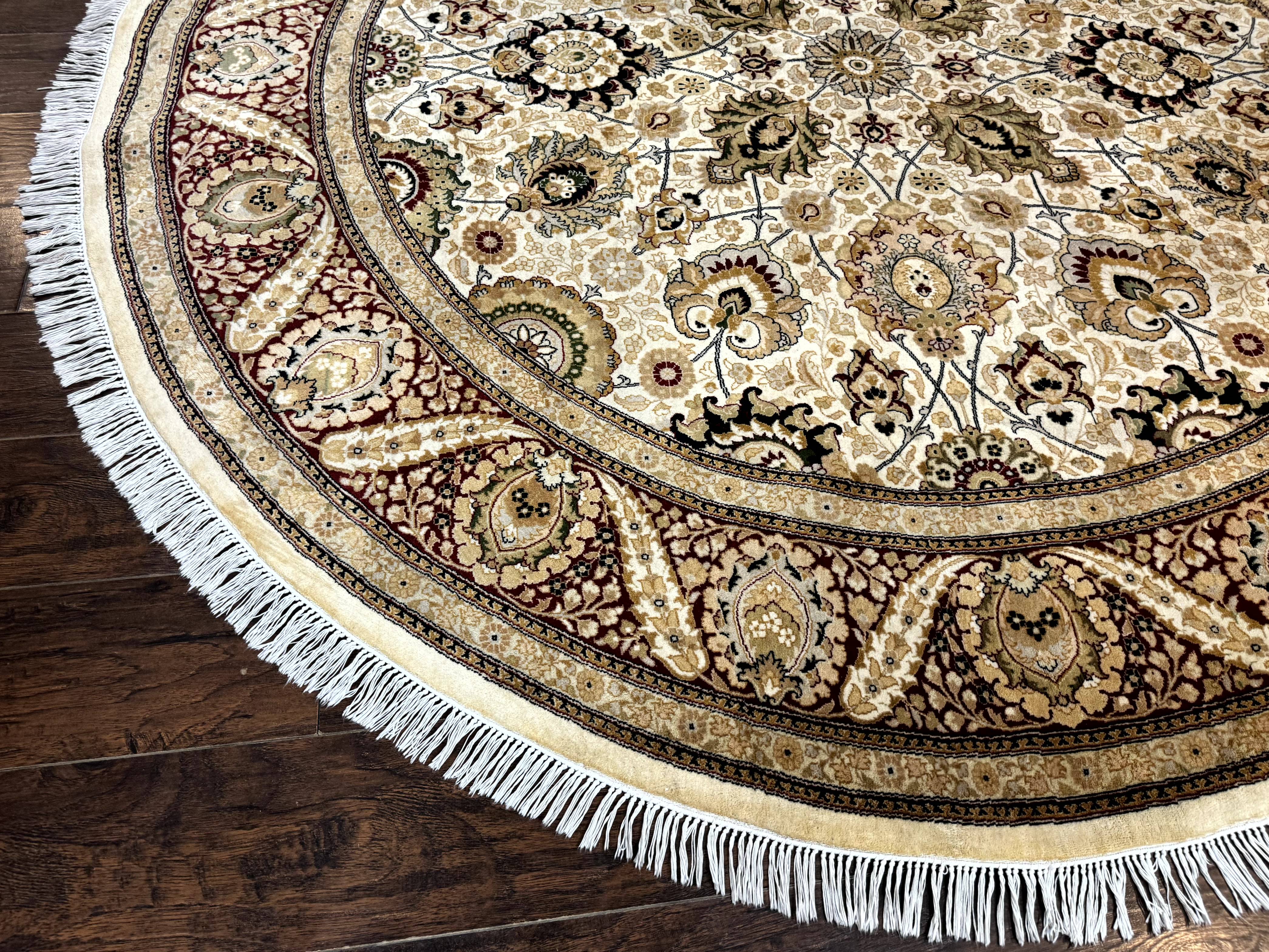 Round Pak Persian Rug 8x8, Vintage Handmade Wool Traditional Carpet, Beige Dark Red, Fine 270 KPSI - Jewel Rugs