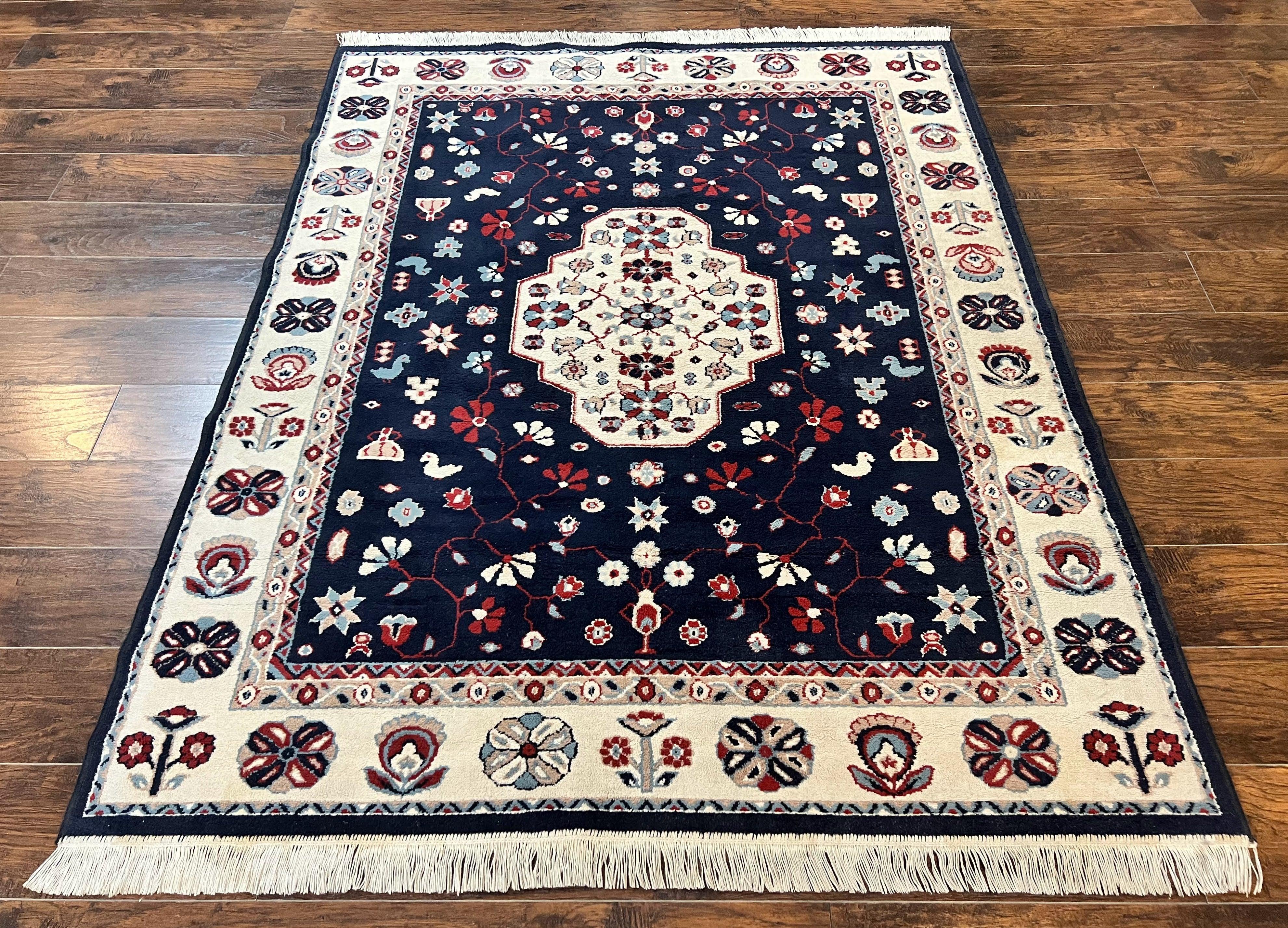 Belgium Power Loomed Rug 5.6 x 7, Navy Blue and Ivory, Heriz Pattern, Vintage Oriental Carpet - Jewel Rugs