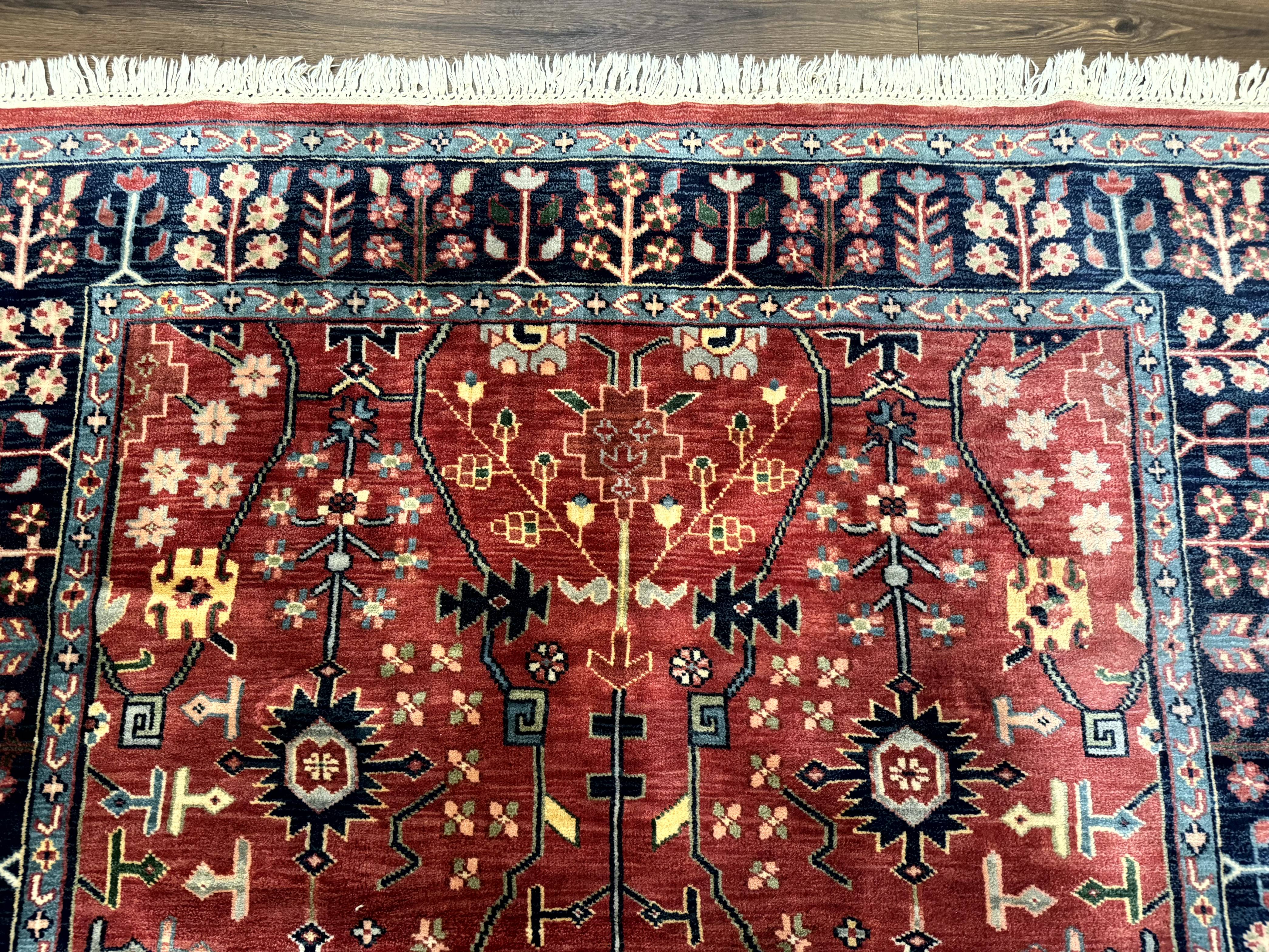 Indo Persian Heriz Serapi Rug 6x8, Rust Red and Navy Blue, Allover Pattern - Jewel Rugs