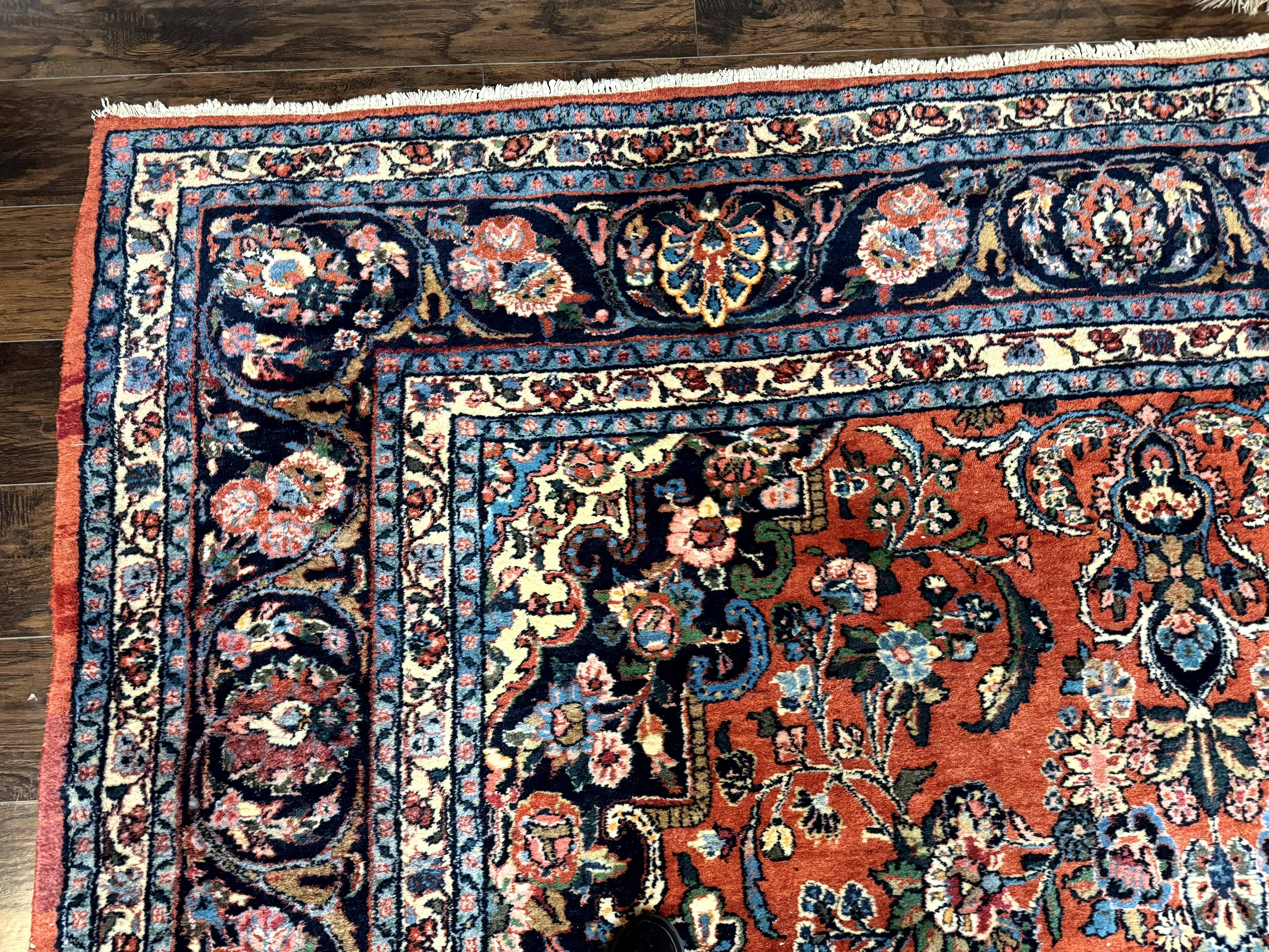 Palace Sized Antique Persian Rug 9x19, Handmade Wool Persian Carpet, Red Navy Blue, Floral Medallion - Jewel Rugs