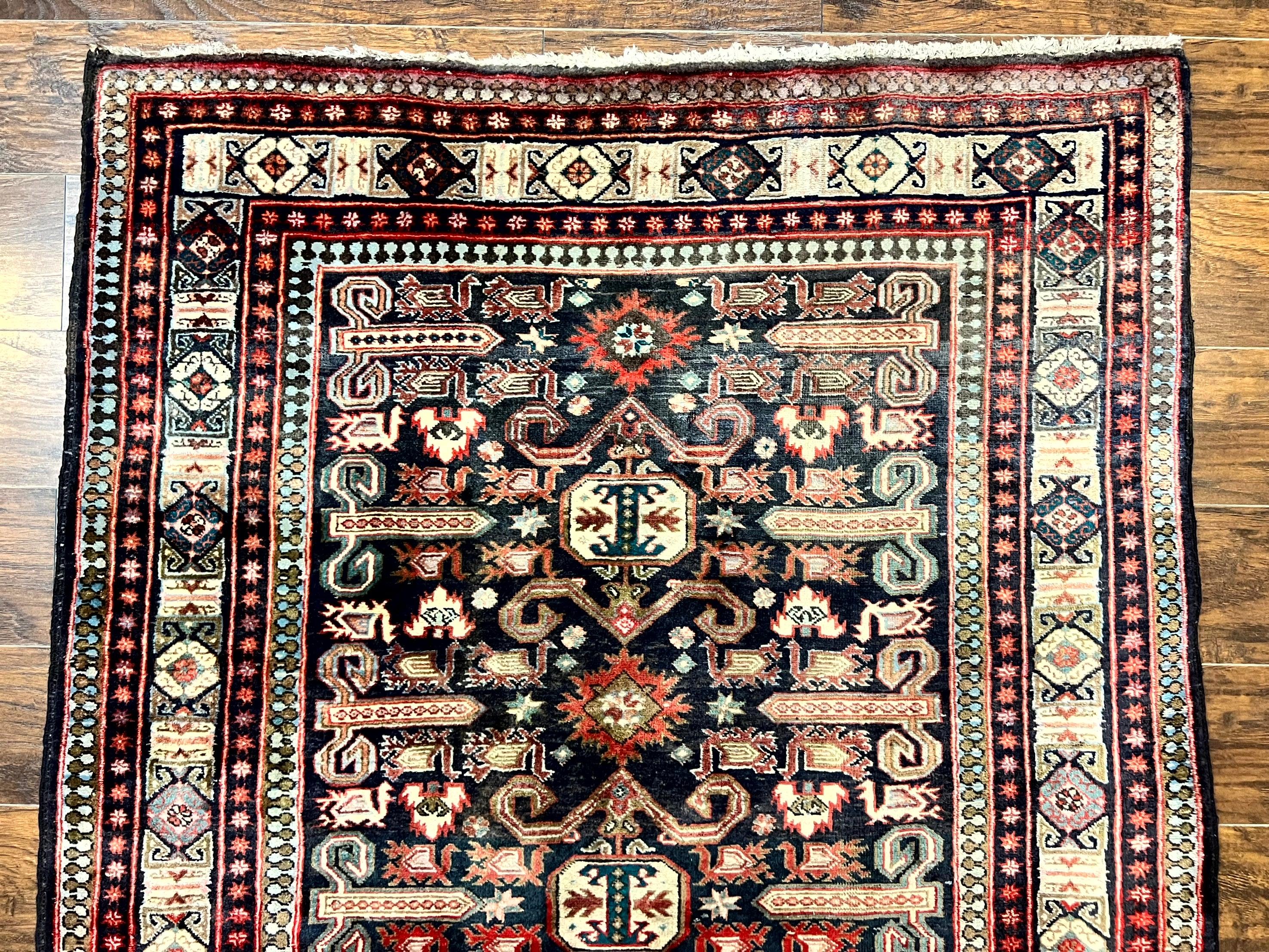 Persian Wide Runner Rug 4.8 x 10, Persian Kalegi Ardabil Rug, Perpedil Caucasian Rug, Antique Handmade Wool Carpet, Navy Blue Red, Tribal Rug - Jewel Rugs