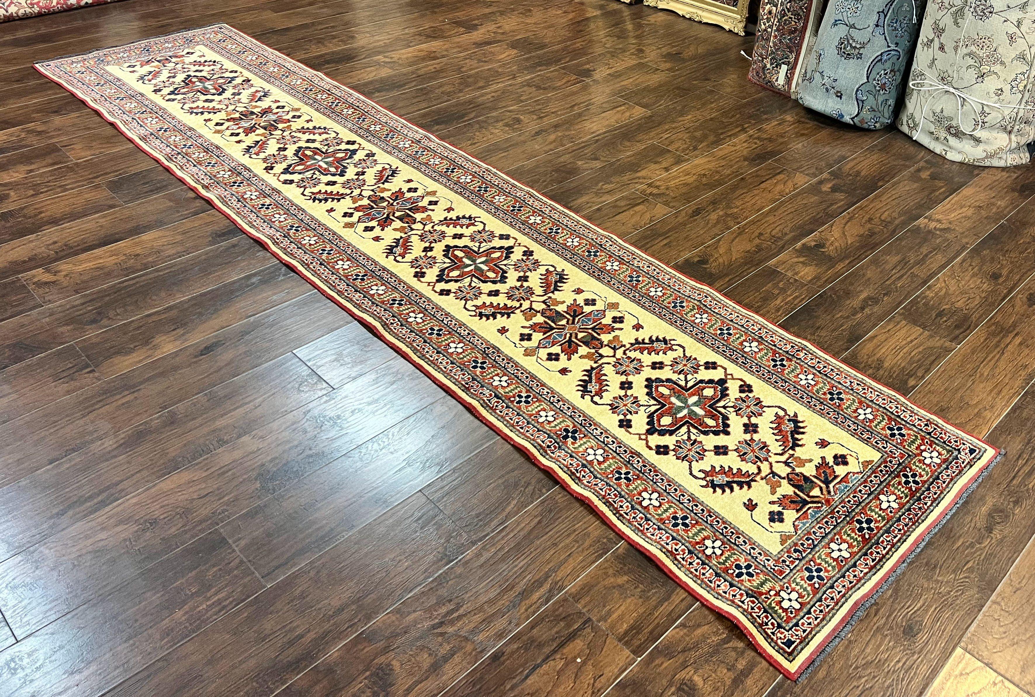 Afghan Heriz Runner Rug 2.9 x 12, Vintage Hand Knotted Persian Carpet for Hallway, 12ft Runner, Wool, Cream - Jewel Rugs