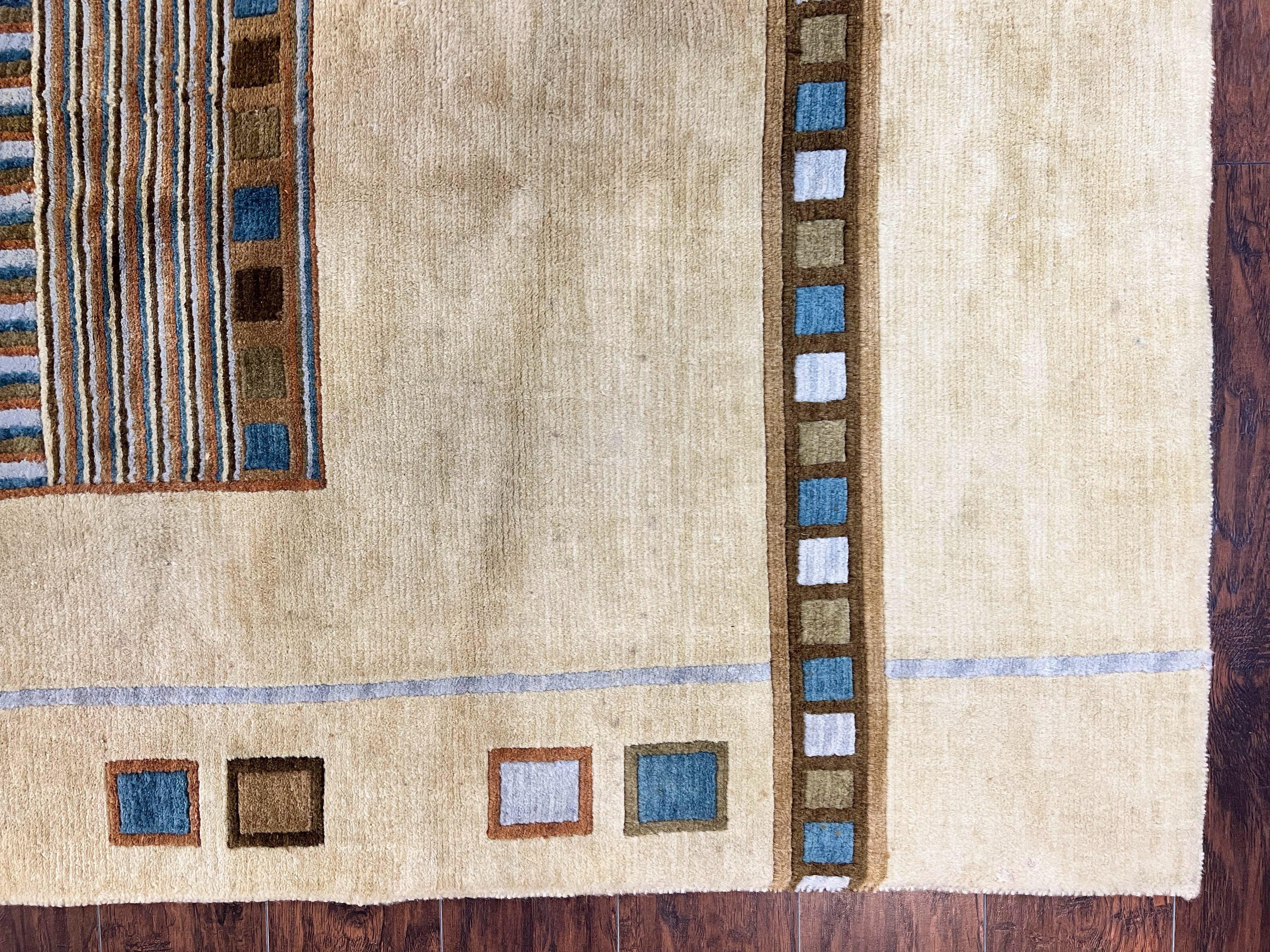 Tibetan Rug 5x8, Contemporary Rug 5 x 8 ft, Cream Brown Blue Hand-Knotted Wool w/ Silk Highlights Tibetan Carpet, Modern Rug - Jewel Rugs