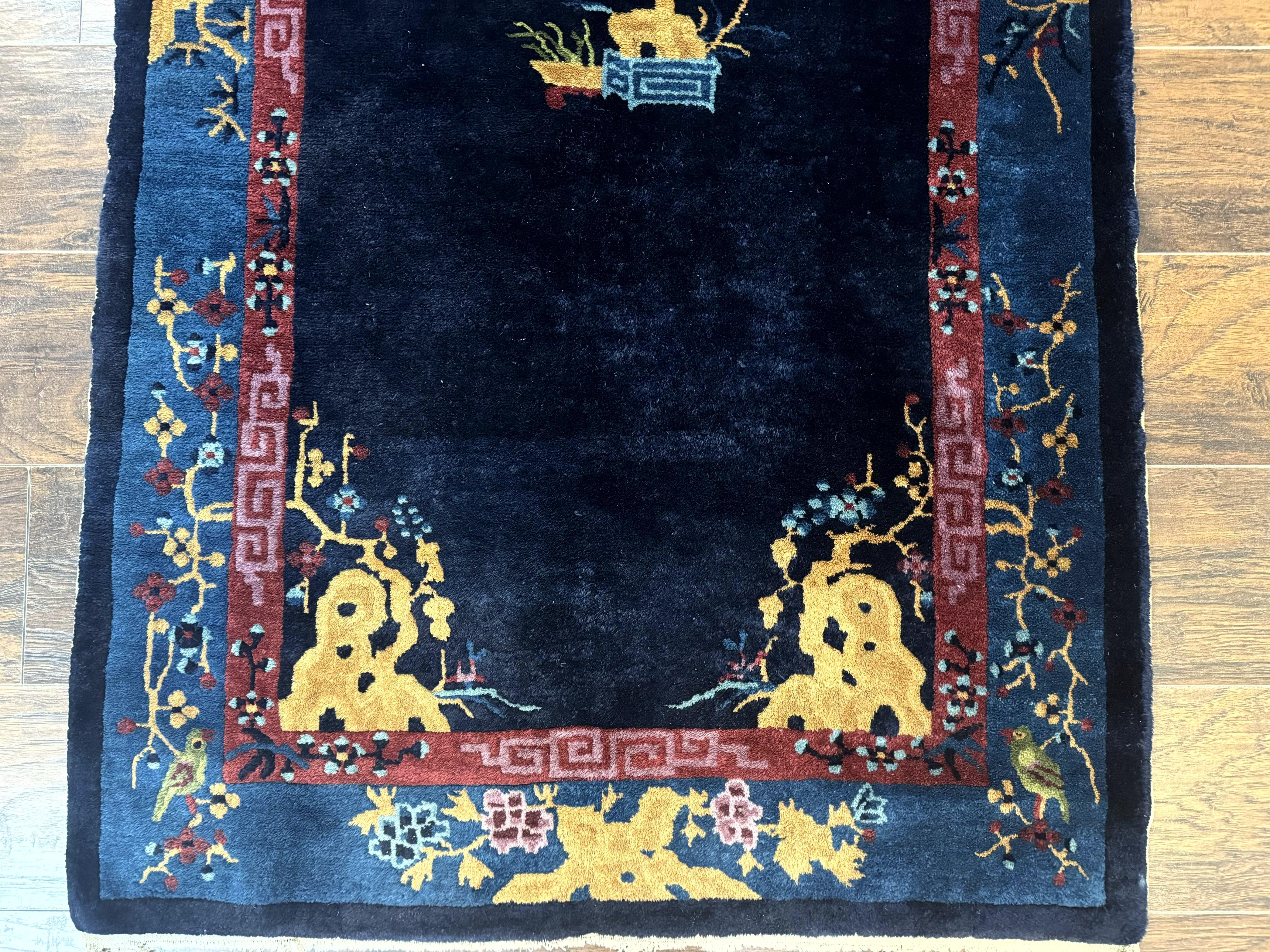 Antique Chinese Peking Rug 3x6, Dark Blue, Bird Motif, Handmade Wool Art Deco Asian Oriental Carpet, Pair A - Jewel Rugs