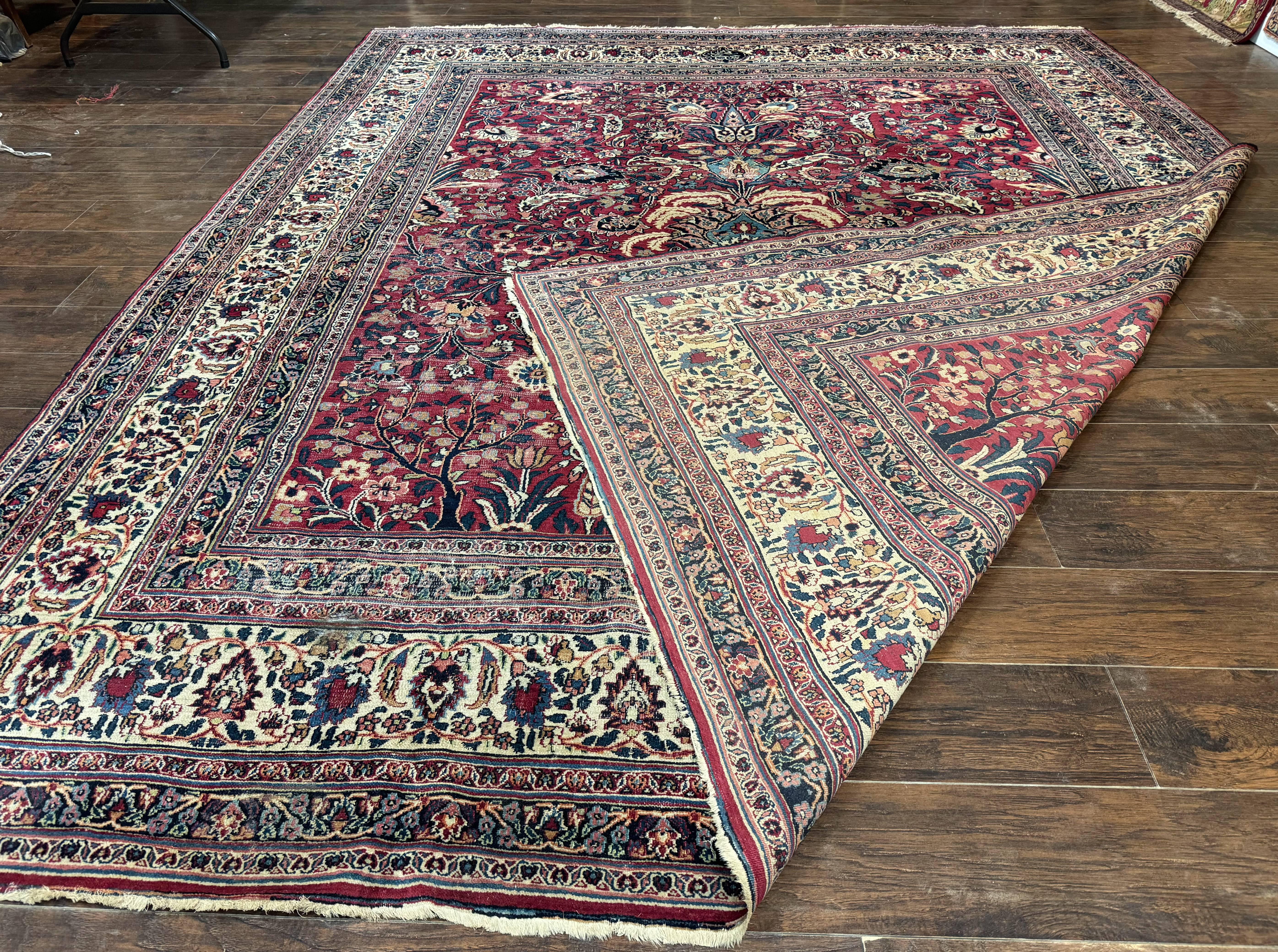 Antique Persian Mashad Rug 10x12, Red and Ivory, Signed by Master Weaver - Jewel Rugs
