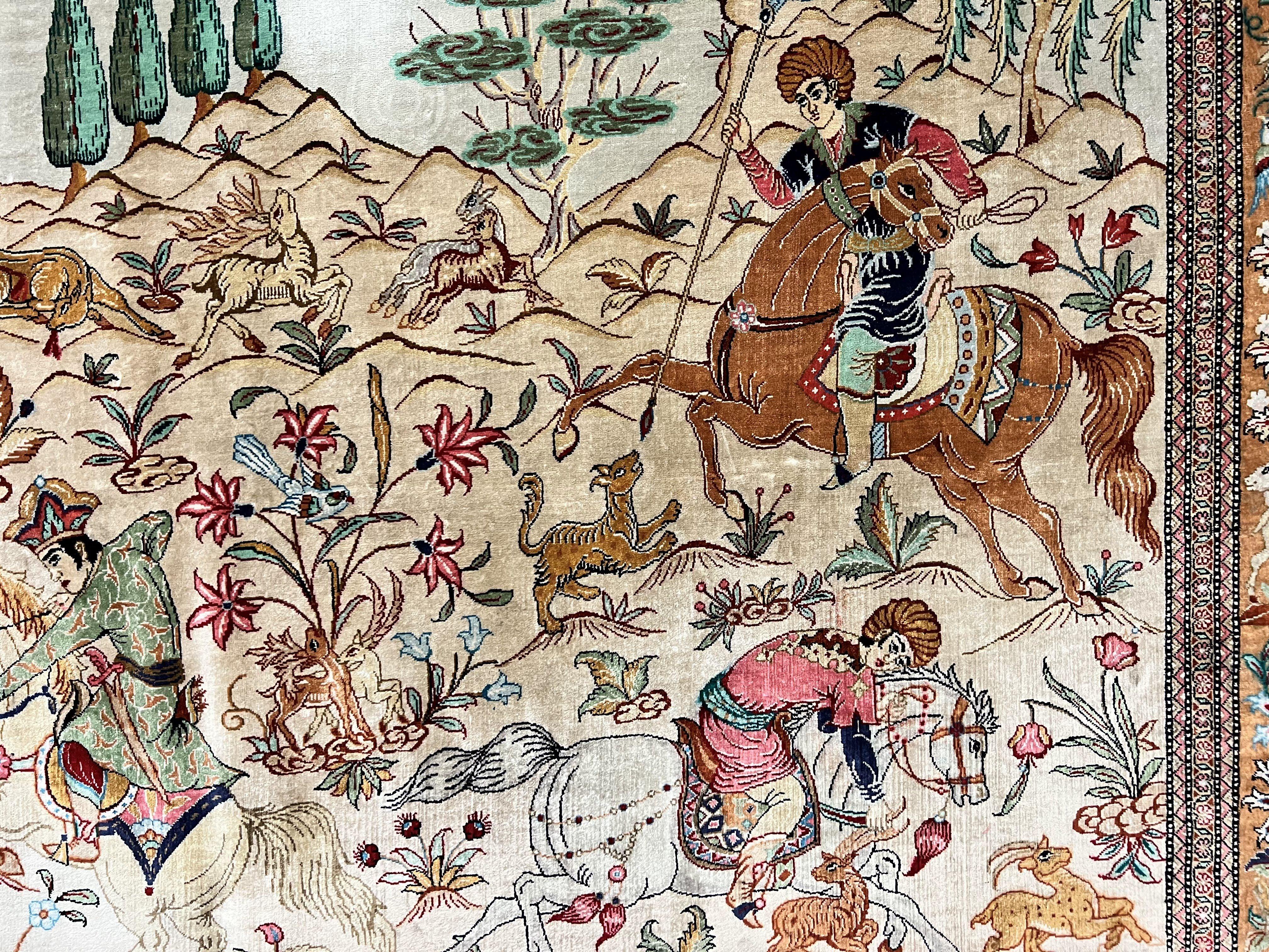 Silk Persian Qum Rug 3x5, Hunting Pattern, Handmade Vintage Carpet, Signed by Master Weaver, Horsemen Pictorials, Super Fine 650 KPSI - Jewel Rugs