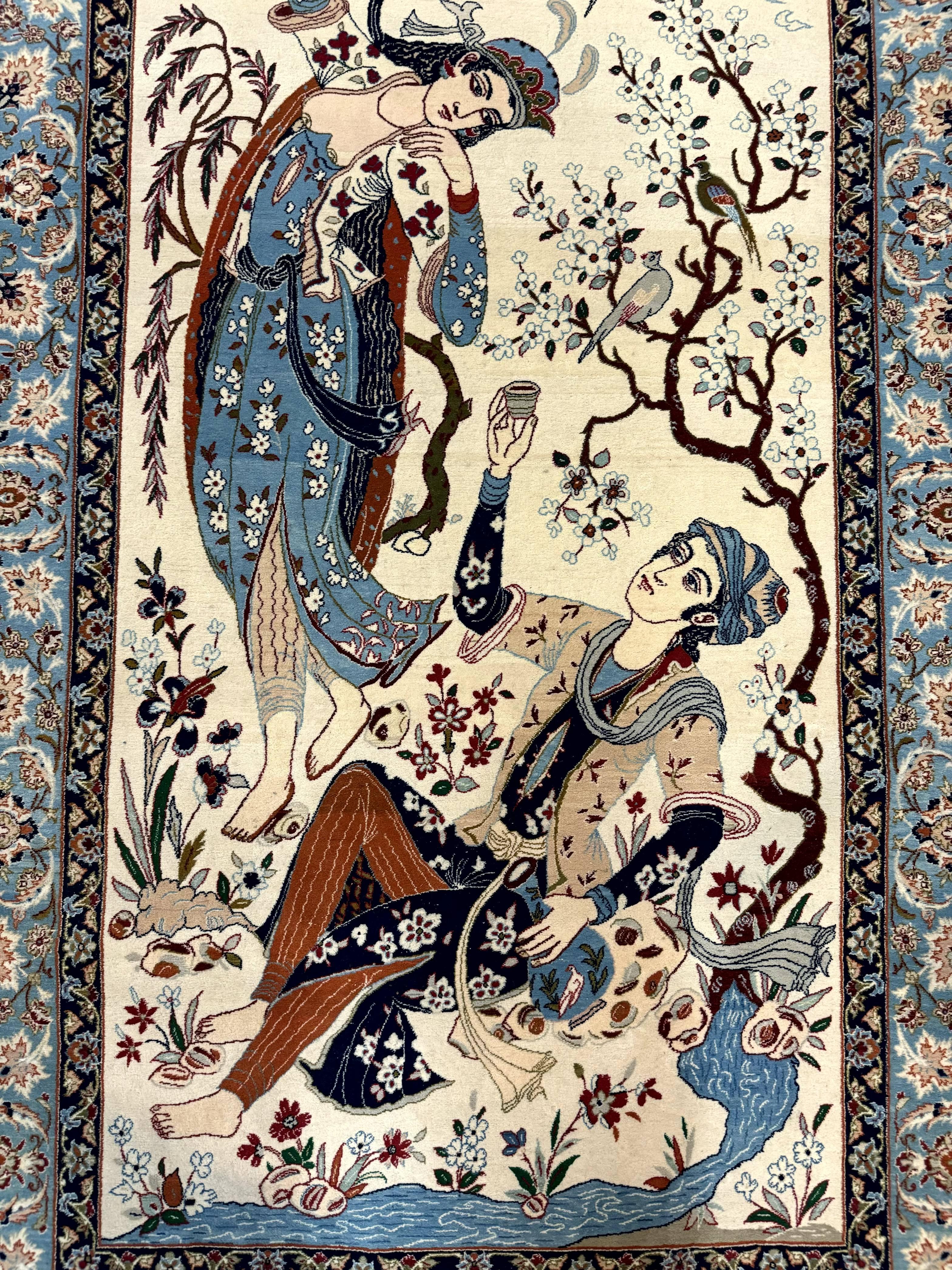 Persian Isfahan Pictorial Rug, Two Lovers, Kork Wool on Silk Foundation, Ivory and Light Blue, 500 KPSI Super Fine - Jewel Rugs