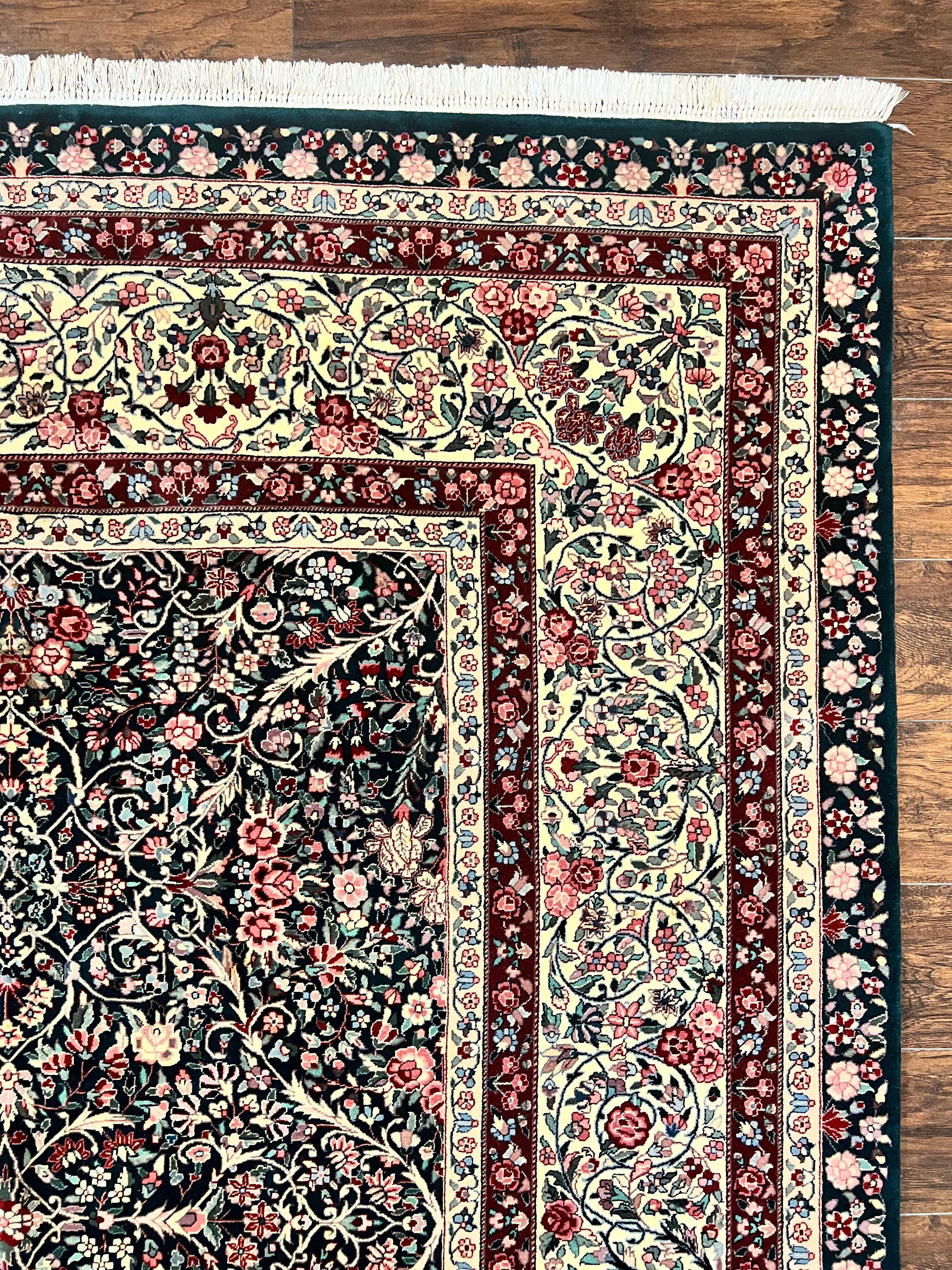 Large Sino Persian Rug 10x14, Wool Hand Knotted Vintage Carpet, Dark Green & Beige, Kirman Floral Rug, Fine Weave, Traditional, Large - Jewel Rugs