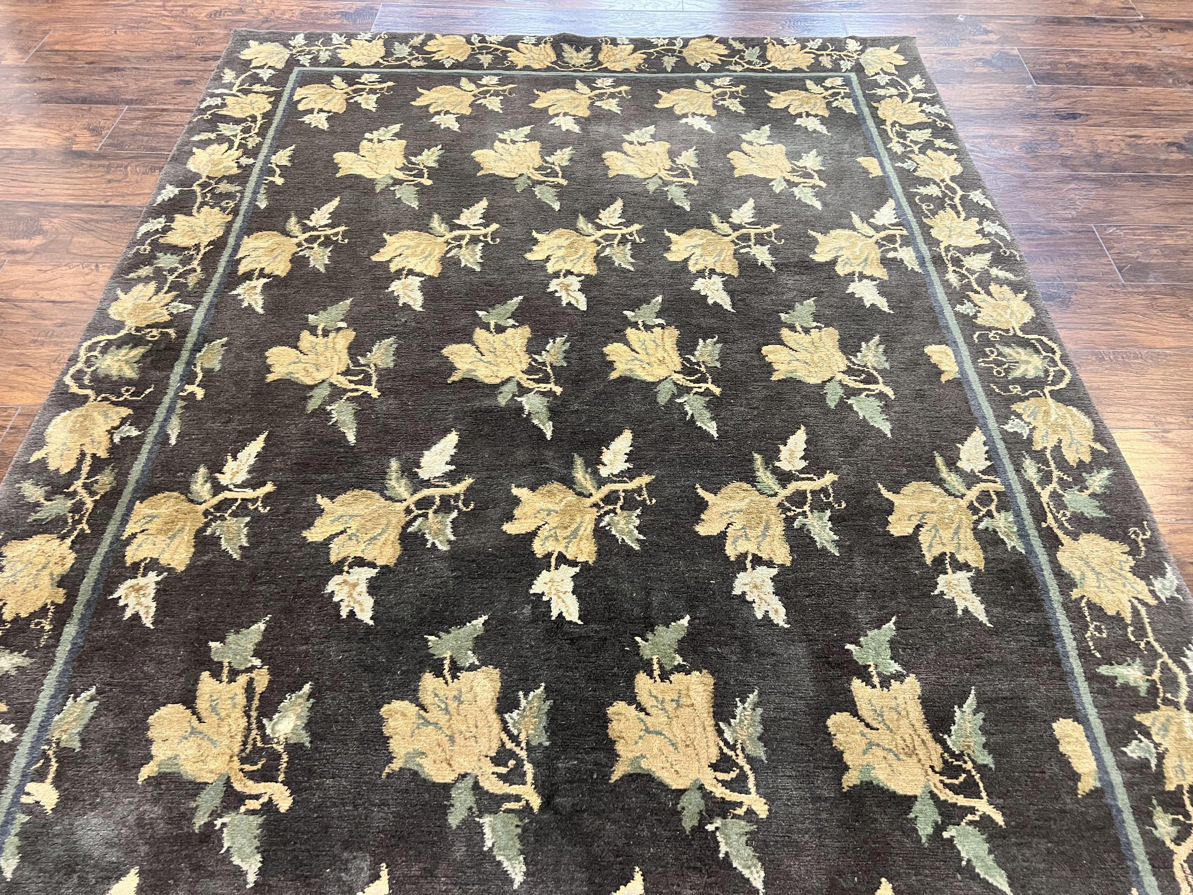 Tibetan Nepal Rug 6x9, Wool Hand Knotted Vintage Carpet 6 x 9, Dark Green & Golden Yellow, Floral Bouquets - Jewel Rugs