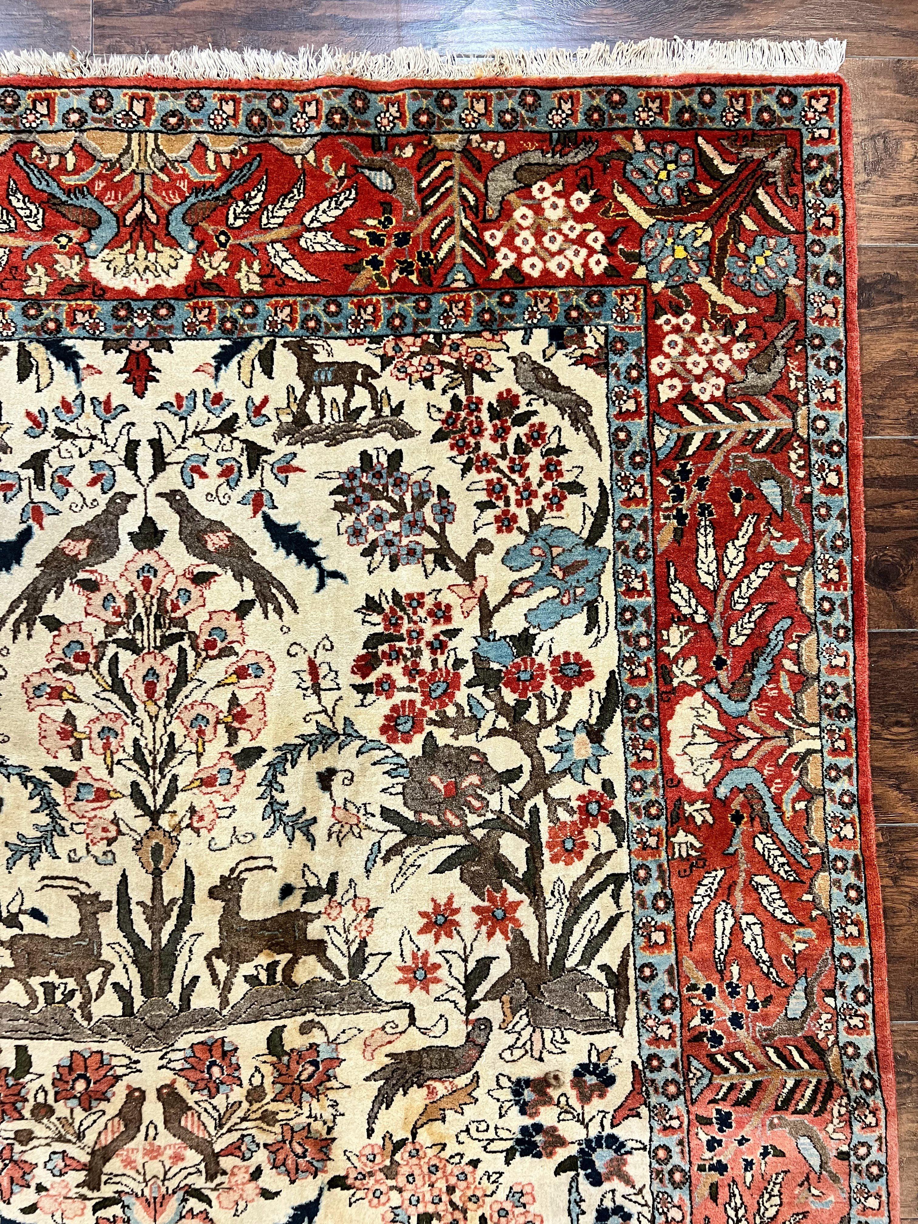 Persian Tree of Life 5x7, Qum Rug, Animal Motifs, Deer Birds, Fine 225 KPSI, Semi Antique Vintage Handmade Wool Rug, Cream Red - Jewel Rugs