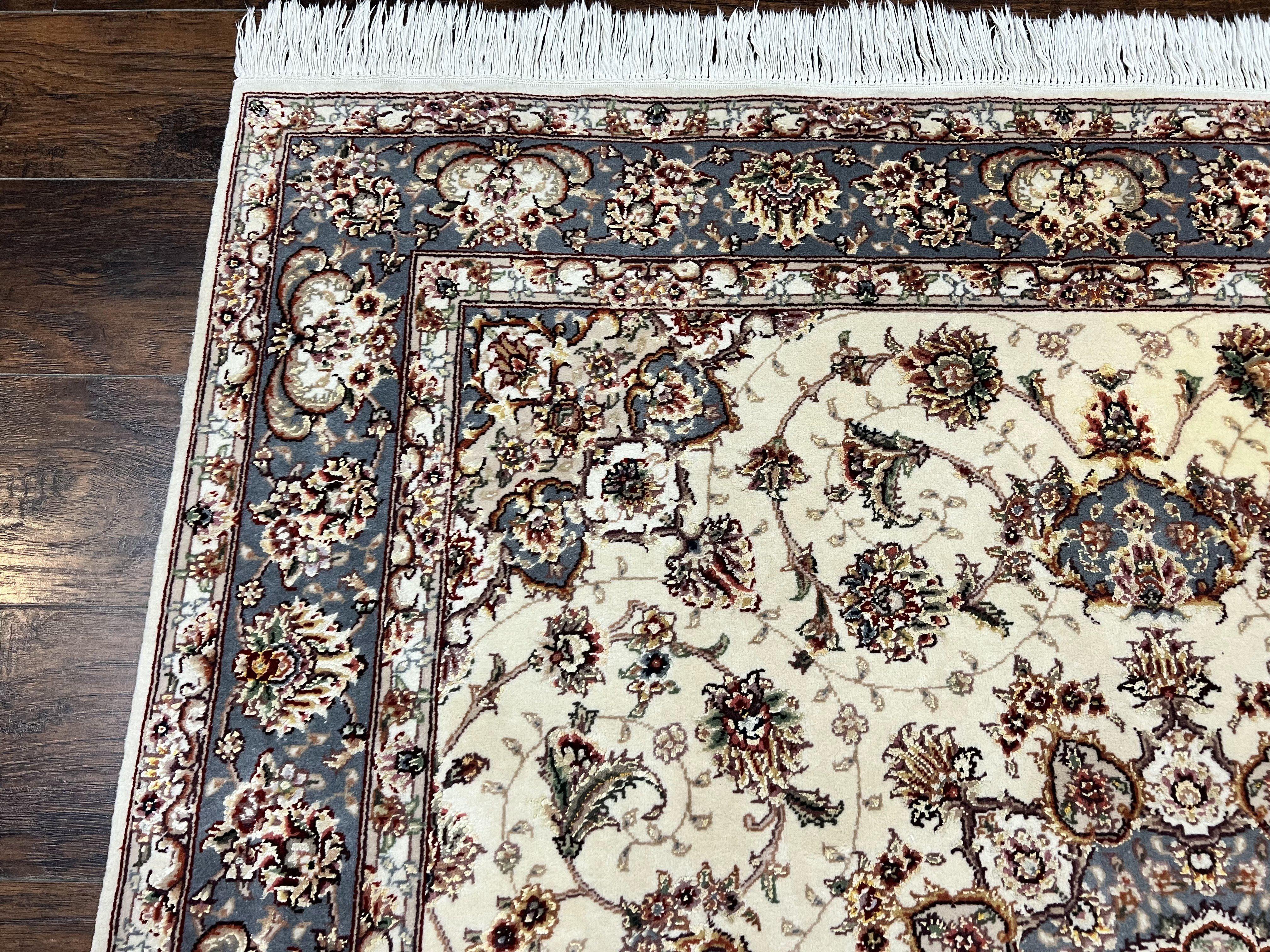 Sino Persian Square Rug 5x5, Very Fine Oriental Carpet, Wool & Silk Highlights, Ivory, Hand Knotted Handmade Vintage Traditional Rug - Jewel Rugs