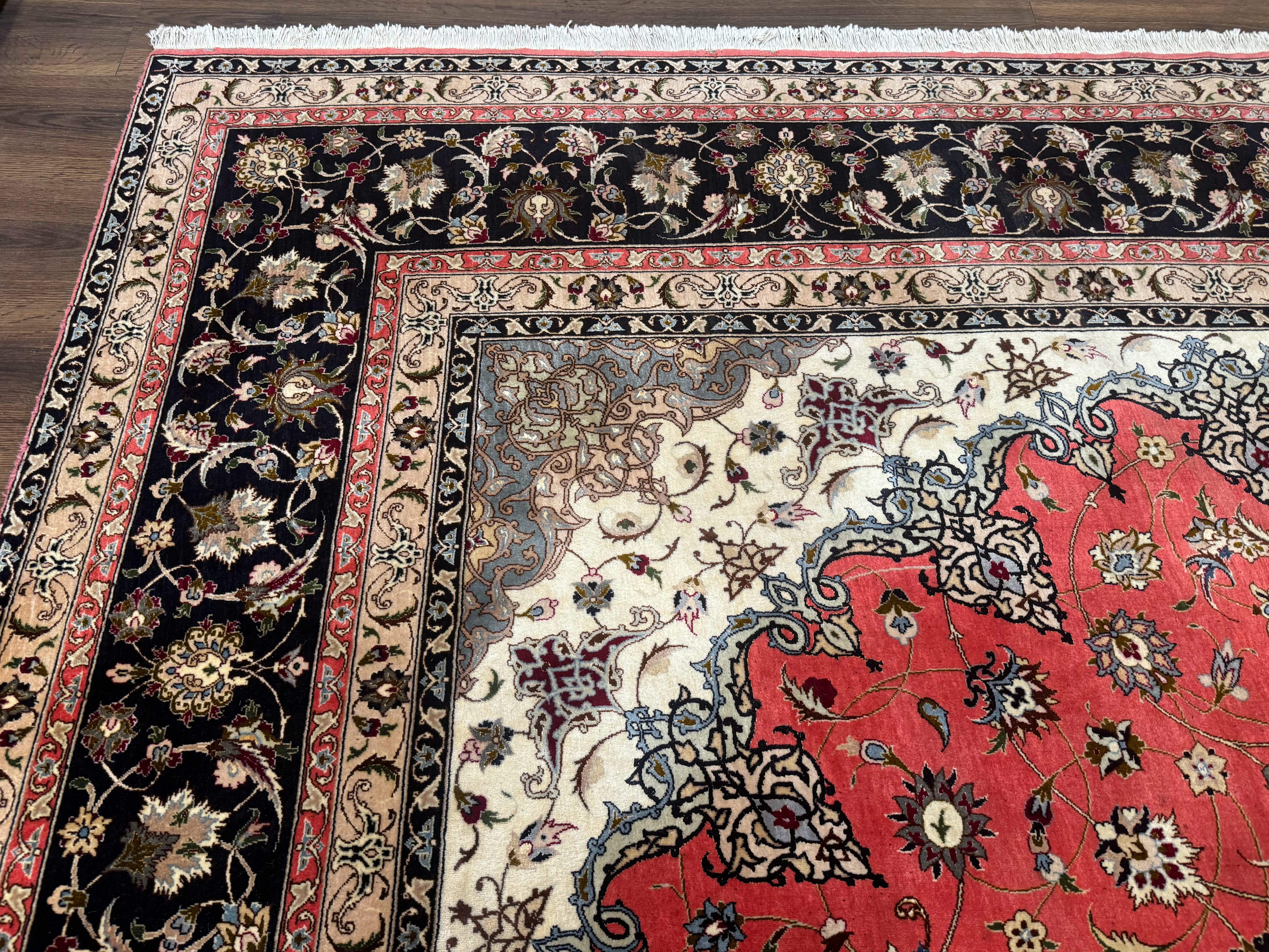 Persian Tabriz Rug 10x13, Floral Medallion, Salmon and Ivory, Hand-Knotted, 330 KPSI - Jewel Rugs