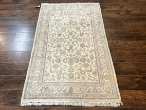 Indo Persian Rug 4x6, Vintage Handmade Wool Carpet, Floral Allover Pattern, Beige, Pair B