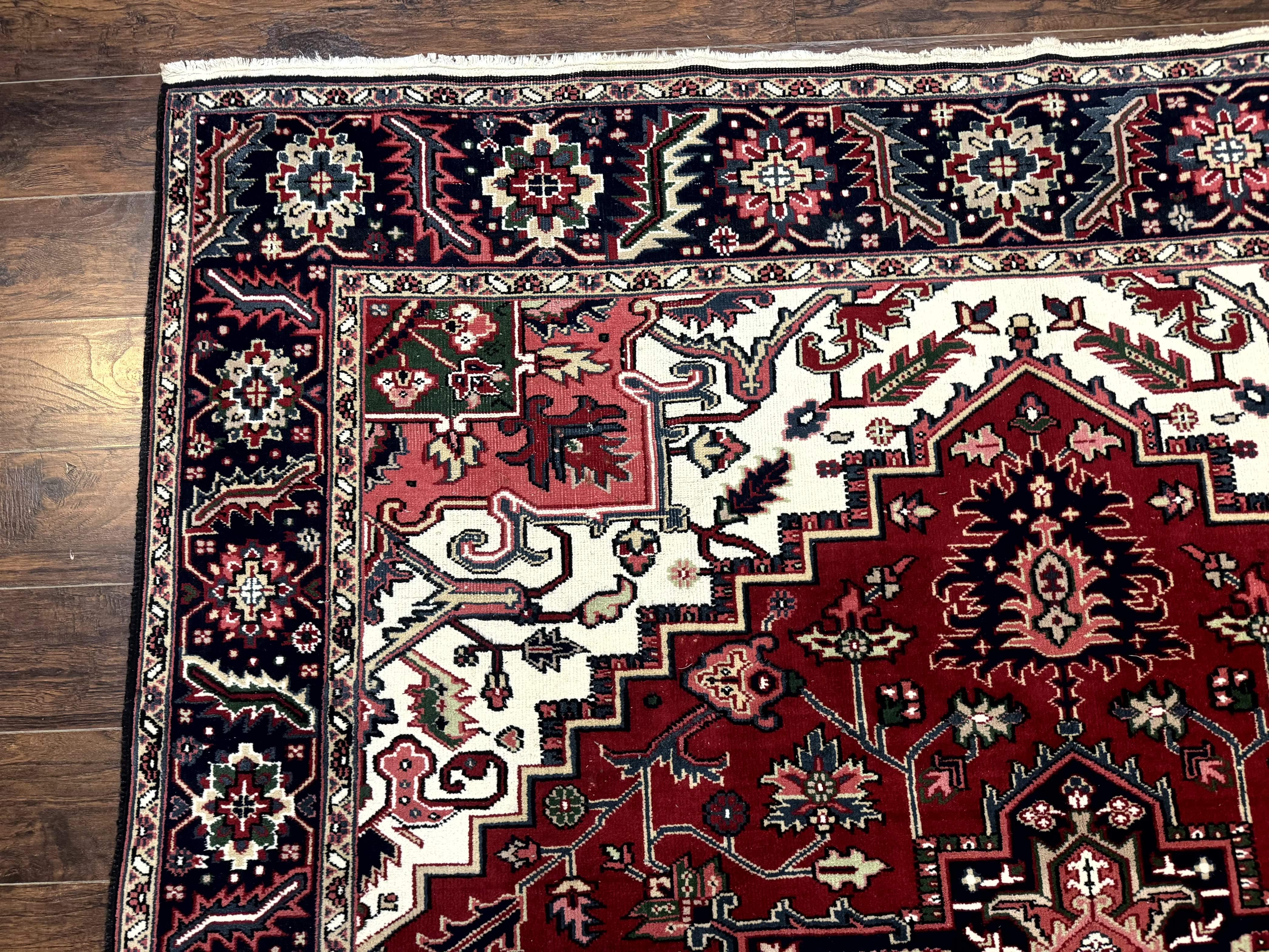 Indo Persian Heriz Rug 8x10, Geometric Medallion, Brick Red Ivory Navy Blue, Room Sized Heriz Carpet, Wool Rug - Jewel Rugs