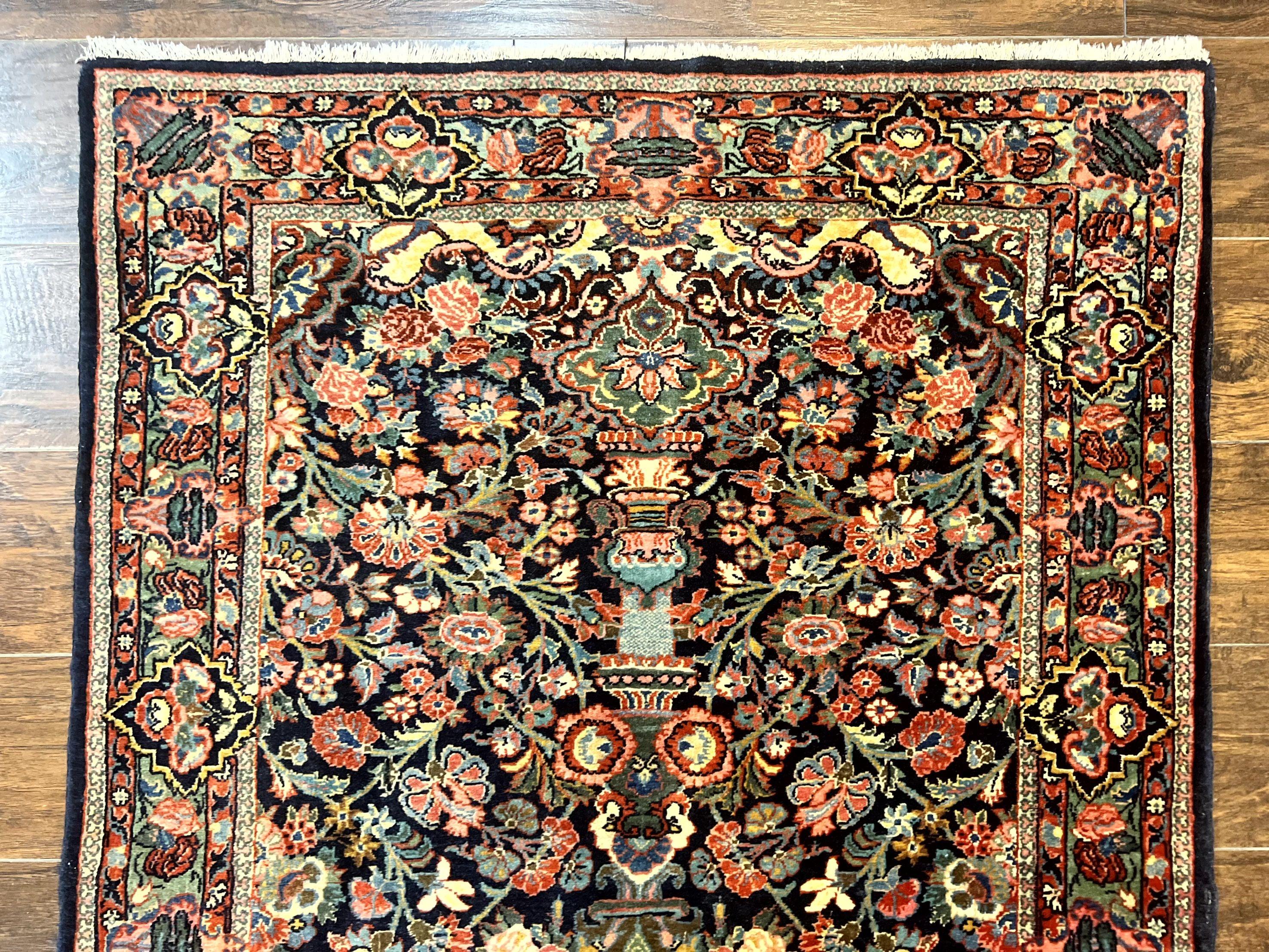 Persian Saoruk Rug 4x5, Navy Blue and Red, Floral, Antique Persian Wool Carpet, Handmade - Jewel Rugs