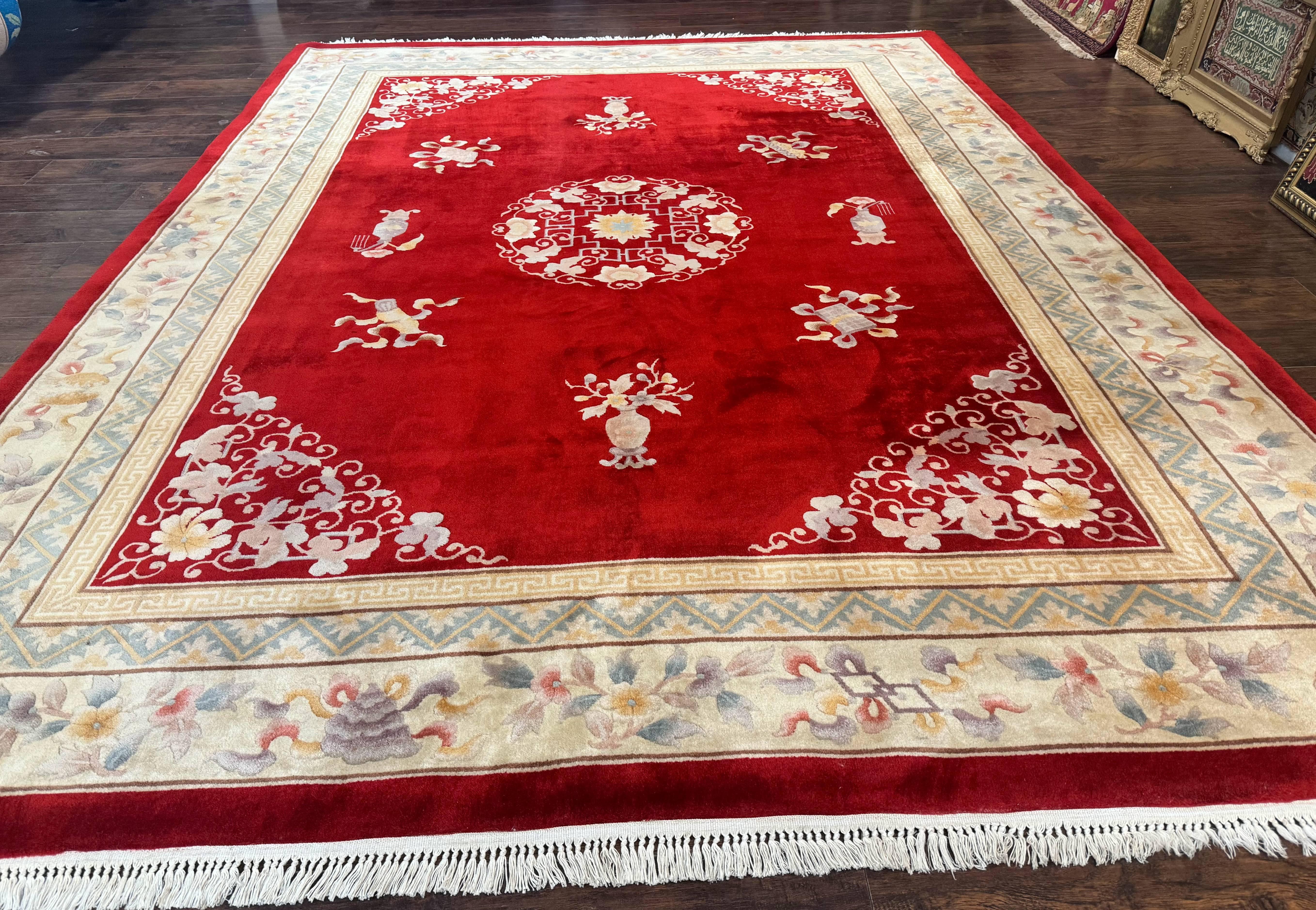 Chinese Wool Rug 8.6 x 11, Red and Beige Asian Oriental Carpet, Plush Pile, Vintage Handmade Chinese Carving Sculpted Rug, Semi Open Field - Jewel Rugs
