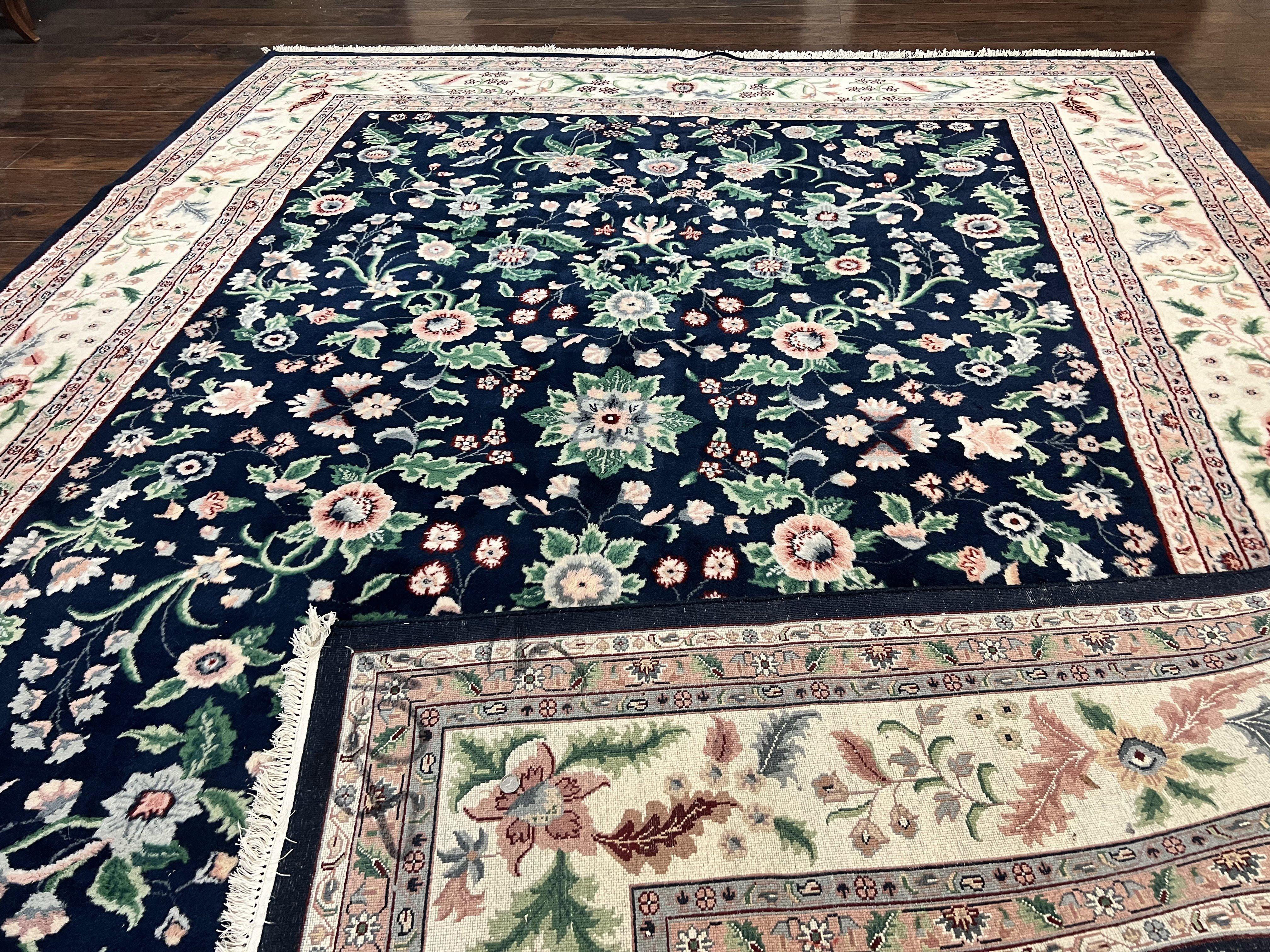 Indo Persian Rug 9x12, Wool Hand Knotted Vintage Carpet, Navy Blue & Ivory, Floral Allover Oriental Rug, 9 x 12 Room Sized Traditional Rug - Jewel Rugs