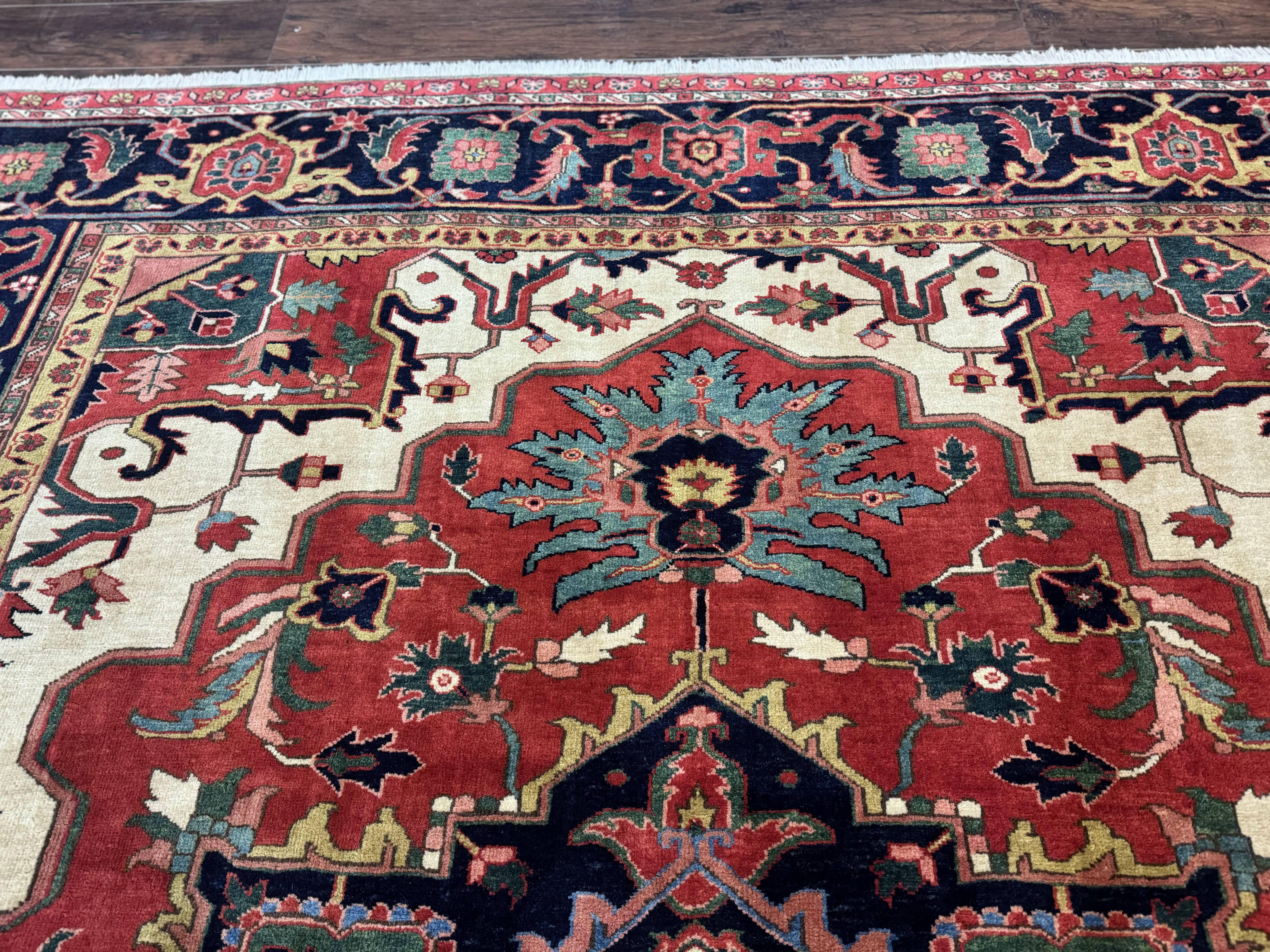 Persian Heriz Serapi Rug 8 x 10.6, Geometric Medallion, Great Colors, Rare, Red Navy Blue Ivory - Jewel Rugs