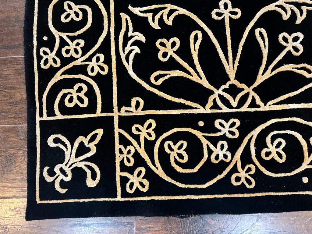 Tibetan Rug 8x10, Wool and Silk, Raised Pattern, Black and Gold, Floral - Jewel Rugs